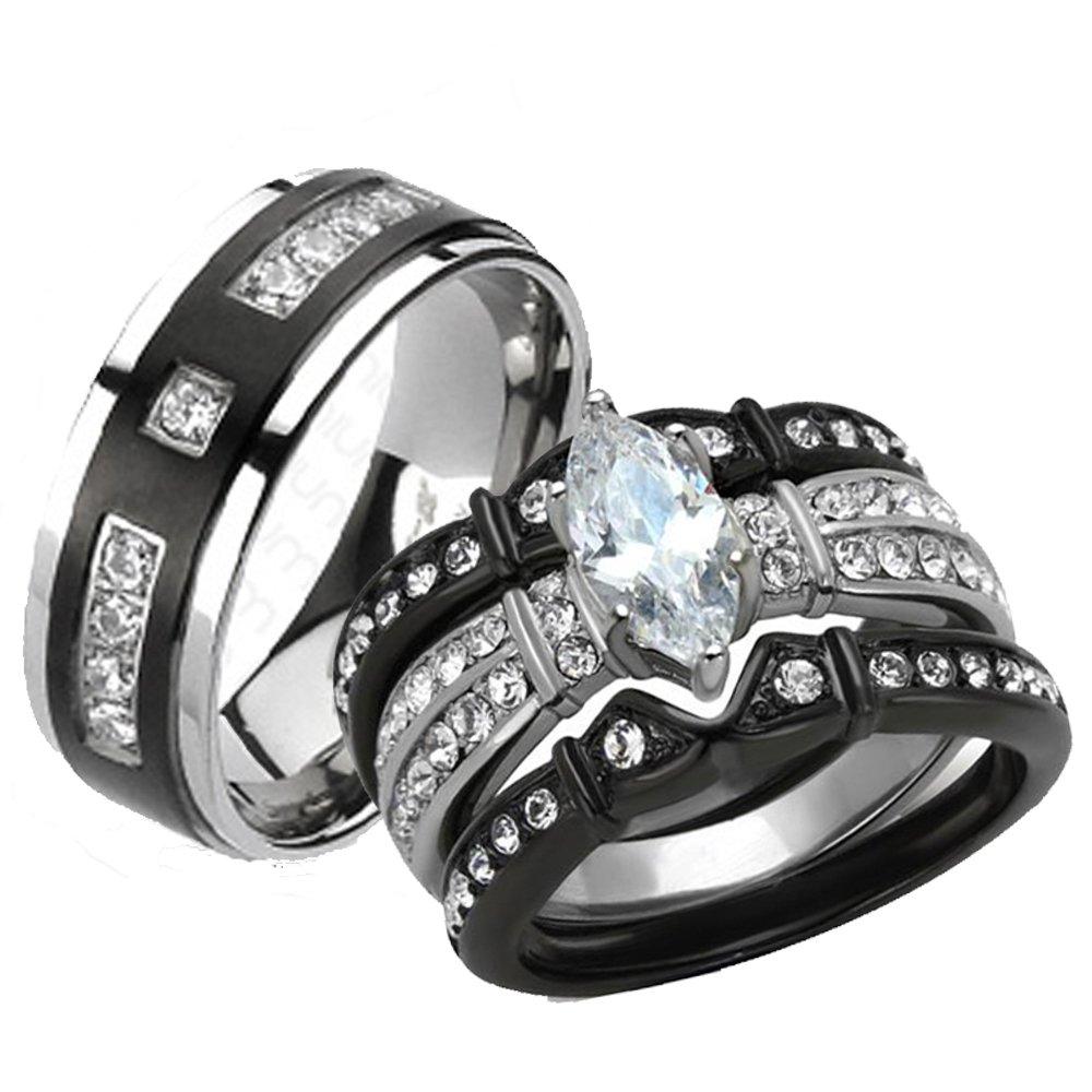 His & Her Stainless Steel Wedding Rings Set - 4-Piece Titanium Bands for Couples