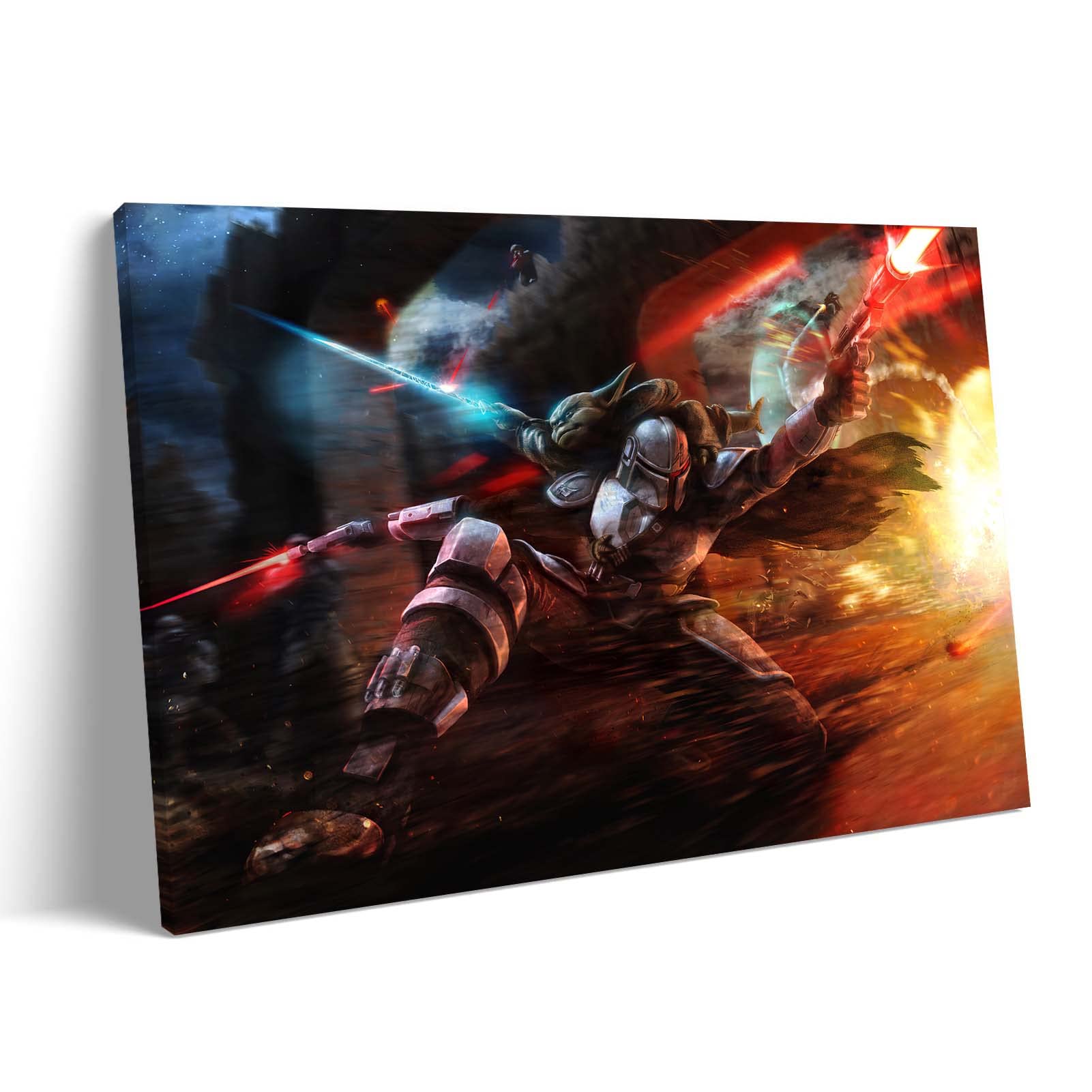 Star Wars Mandalorian & Yoda Lightsaber Canvas Wall Art - 24x36 Inch Wooden Framed Poster for Living Room, Bedroom & Office Decor | Perfect for Fans & Gift Giving