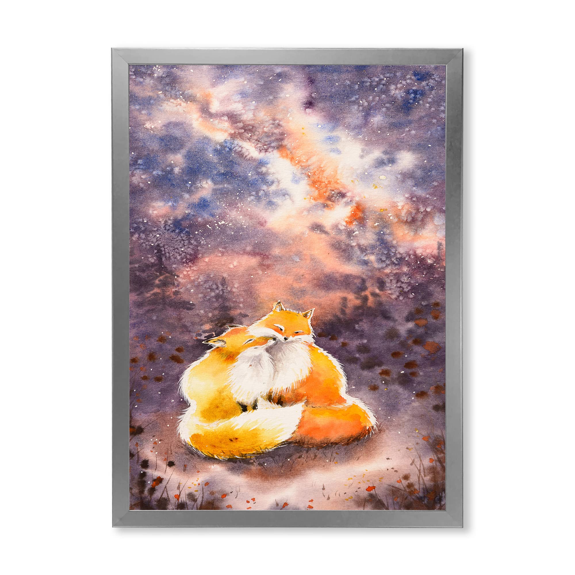 Hugging Foxes Under Night Sky - Framed Children's Wall Art Decor for Nursery, Bedroom & Playroom