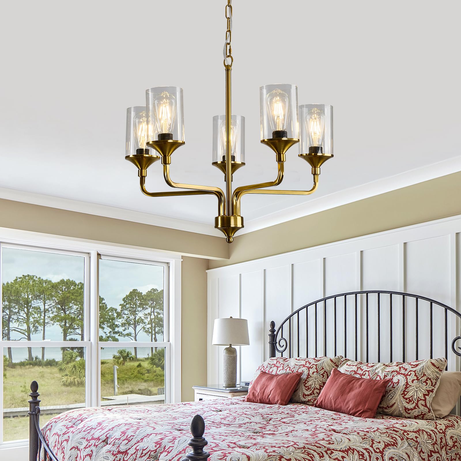 Gold 5-Lights Glass Chandelier - Rustic Metal Pendant Ceiling Light Fixture for Farmhouse, Kitchen, Living Room, Foyer & Dining Room | Elegant Lighting for Home Decor & Special Occasions