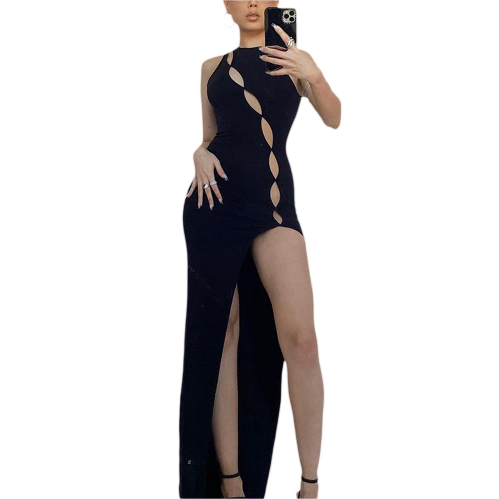 Women's Sleeveless Solid Color Mini Dress with Cutout & High Slit - Sexy Nightclub Outfit for Summer Parties & Beach Vacations