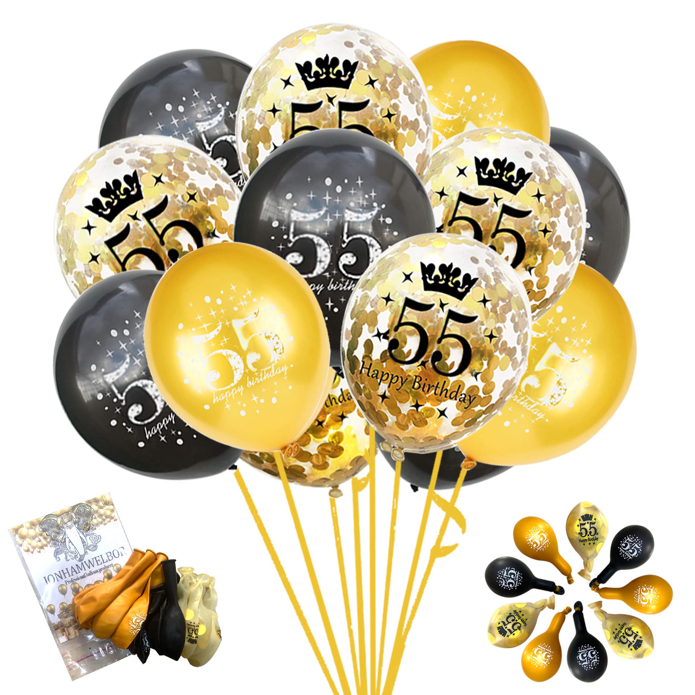 Jonhamwelbor 55th Birthday Balloons - 15pcs 12 Inch Black Gold Confetti Printed Number Balloons for Men & Women - Perfect for Birthday Party Decorations, Anniversary Celebrations & Milestone Events