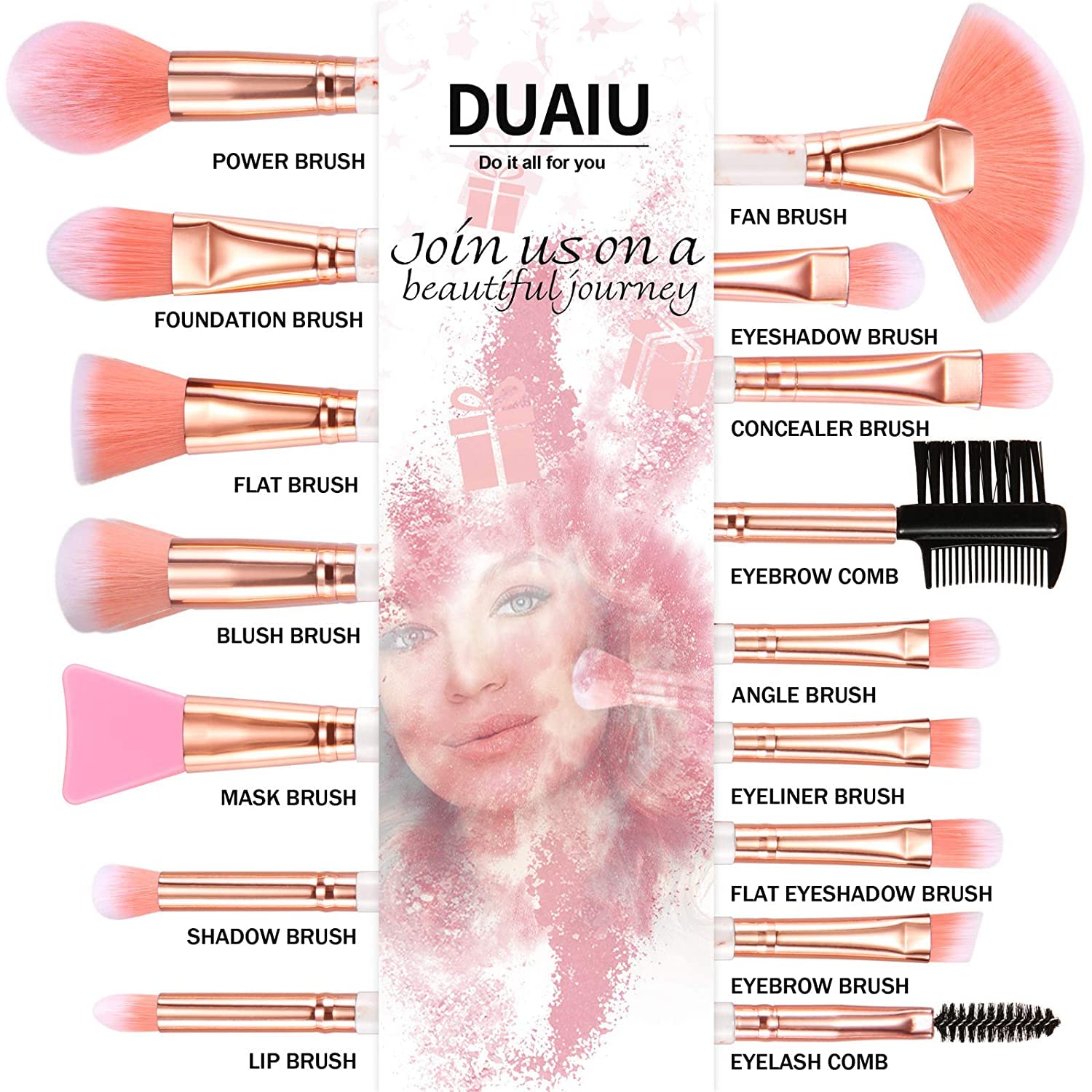 DUAIU 16PCS Professional Makeup Brush Set with Marble Handle - Includes 4 Sponge Blenders, Foundation Brushes, Eyeshadow Brush, Lip Brush & Silicone Mask Brush | Perfect for Makeup Artists, Beginners & Daily Beauty Routine