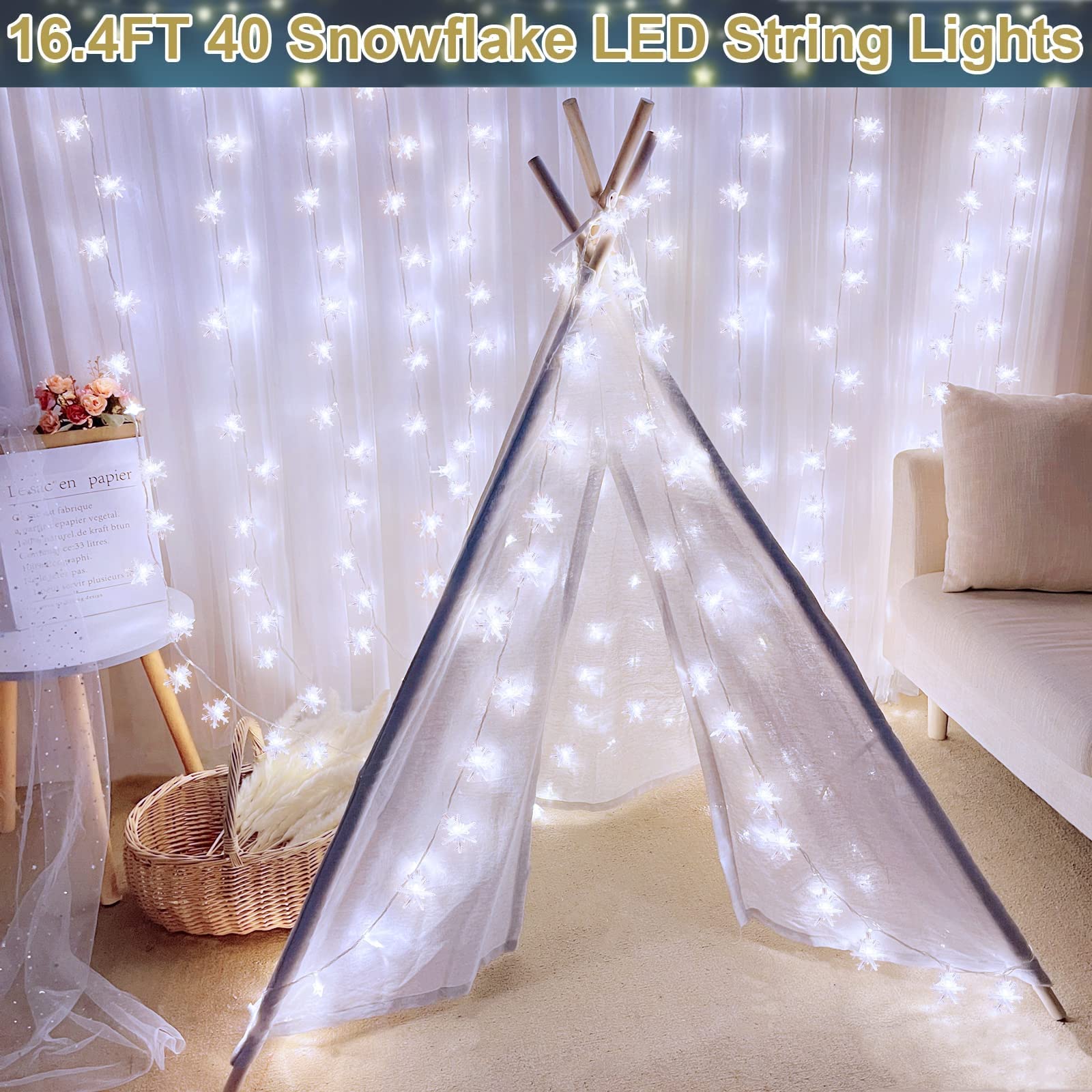 40 LED 16.4 Ft Christmas Snowflake String Lights with Timer & 8 Modes - Waterproof Fairy Lights with Remote for Indoor Outdoor Decor - Perfect for Christmas Tree, Home, Bedroom, Garden & Party Decoration (Cool White)