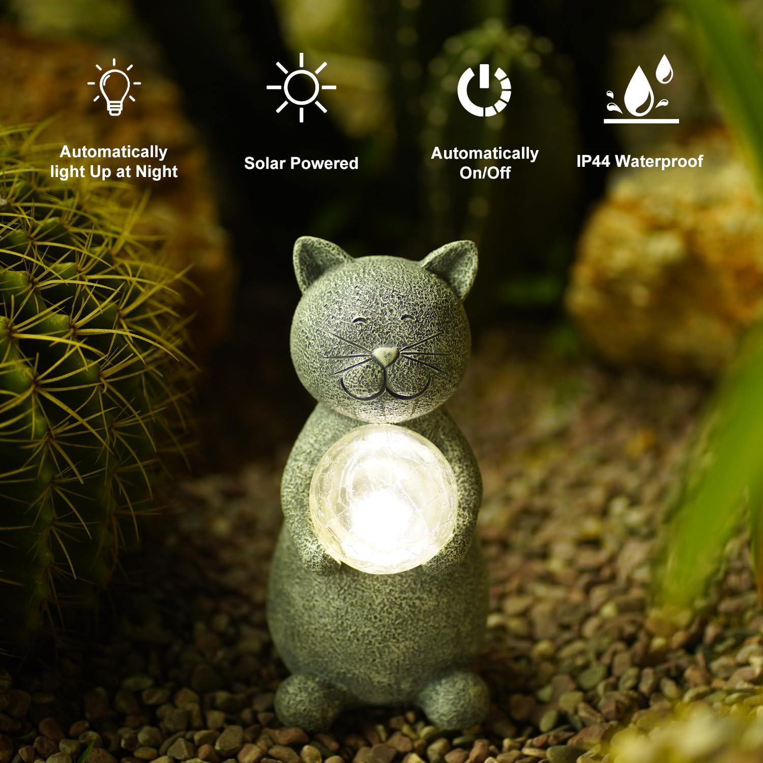 Solar Cat Statue with LED Lights - Outdoor Garden Decor, Gray Cat Figurine for Patio, Yard & Home - Perfect Gift for Mom, Grandma & Cat Lovers (Night Light & Landscape Decoration)