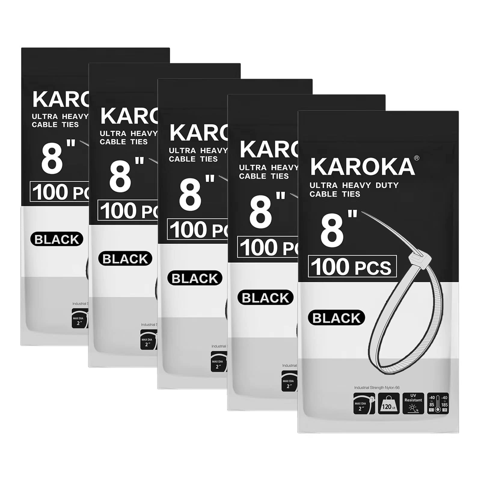 Karoka Heavy Duty 8-Inch Black Cable Ties - 500 Pack with 120 lbs Tensile Strength | Secure Wires, Organize Cables & Bundle Items for Home, Office & Industrial Use