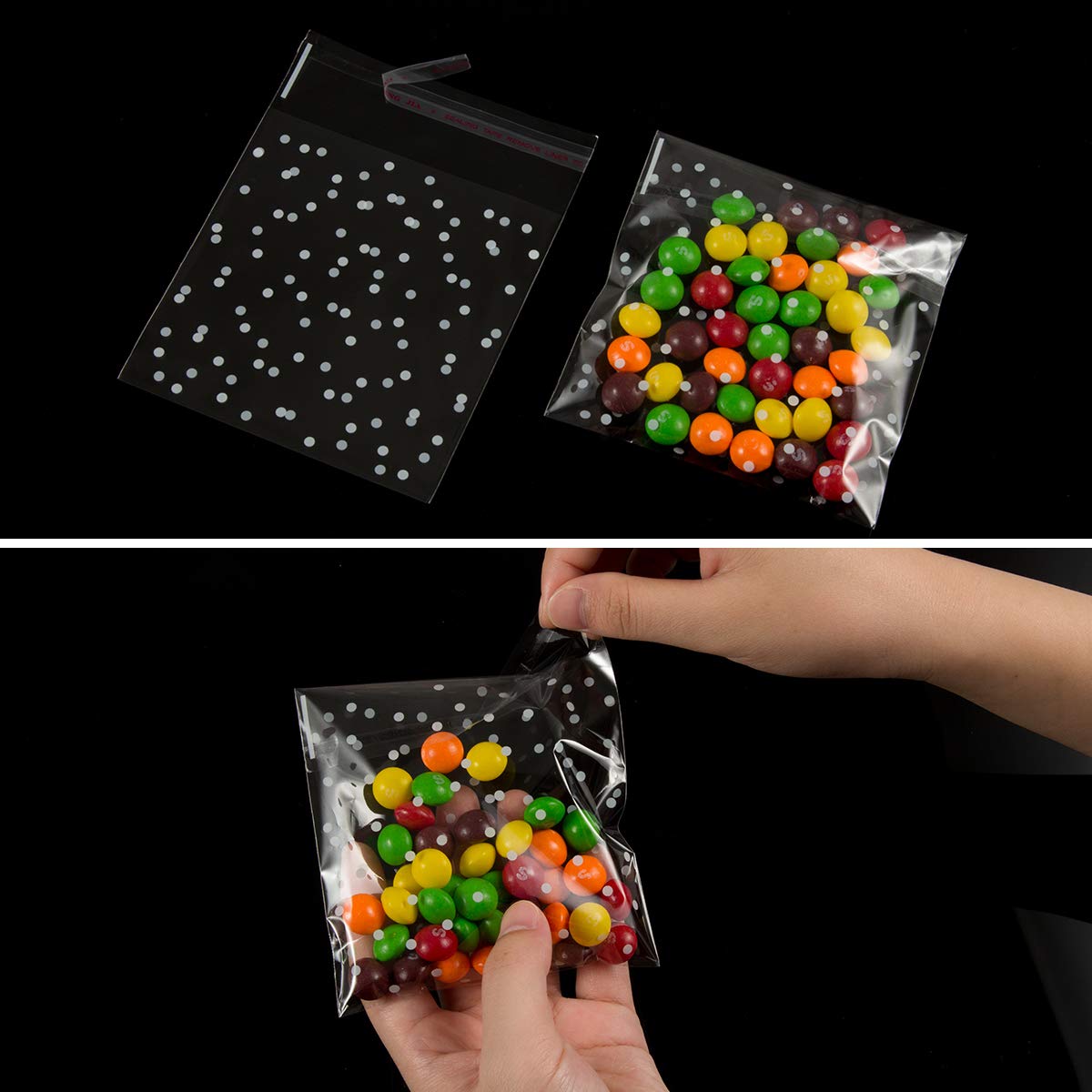 400PCS White Polka Dot Treat Bags with Self-Adhesive Closure - 200 Cellophane Candy Bags + 200 Thank You Stickers for Bakery, Cookies, Chocolates & Party Favors (5.5x5.5 Inches) - Perfect for Birthday Parties, Baby Showers & Wedding Favors