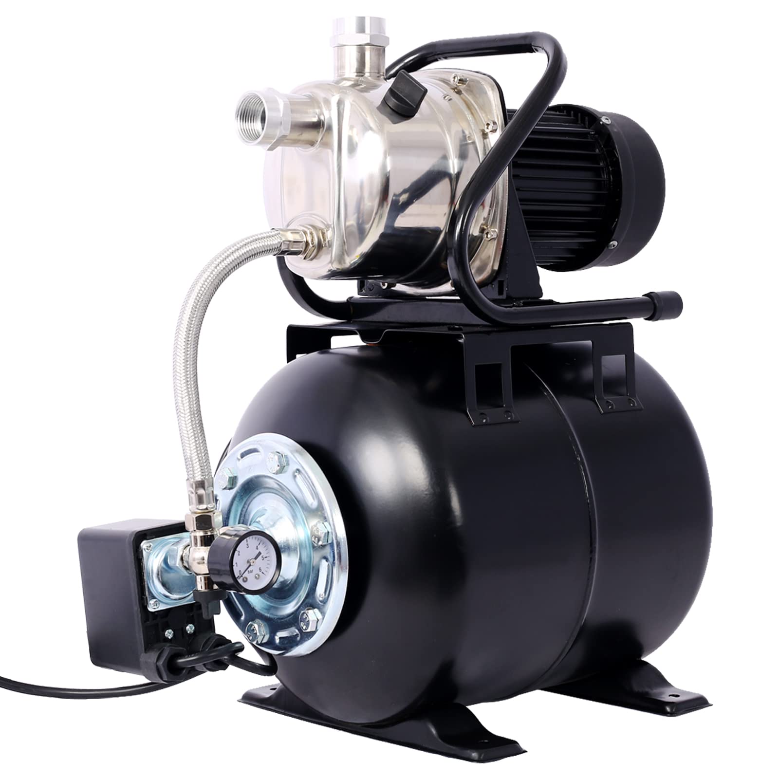 1.6HP Shallow Well Pump with Pressure Tank - 1000 GPH 1200W Automatic Water Booster Pump for Home, Garden, Lawn & Farm Irrigation | Stainless Steel Head | Black | Perfect for Watering Plants, Lawn Care & Agricultural Use