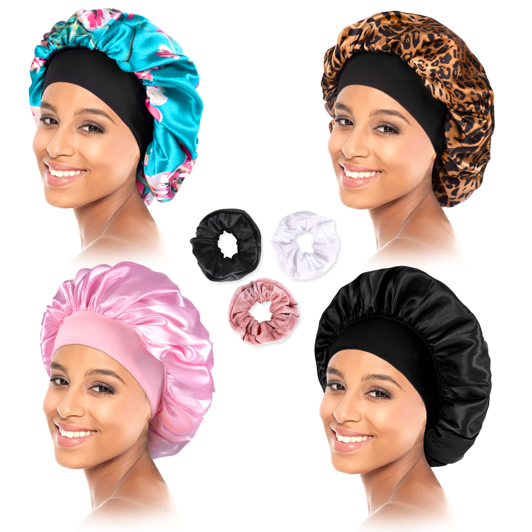 Silk Sleep Bonnet for Women - 4 Pack Satin Hair Bonnet for Natural Hair Protection - Soft & Breathable Night Cap for Curly, Afro, Braided Hair - Perfect for Sleeping, Travel & Home Hair Care