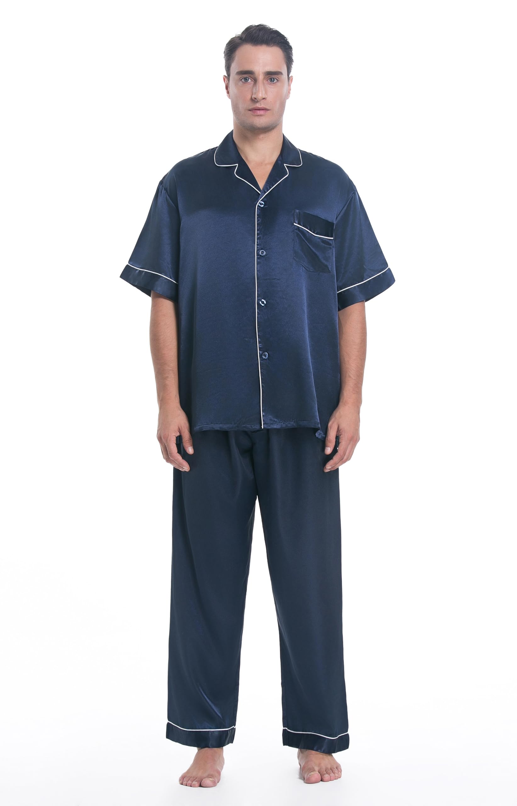 Lavenderi Men's Short Sleeve Silk Satin Pajama Set - Soft & Breathable Sleepwear for Lounge & Nightwear - Perfect for Relaxing at Home, Travel & Gifts