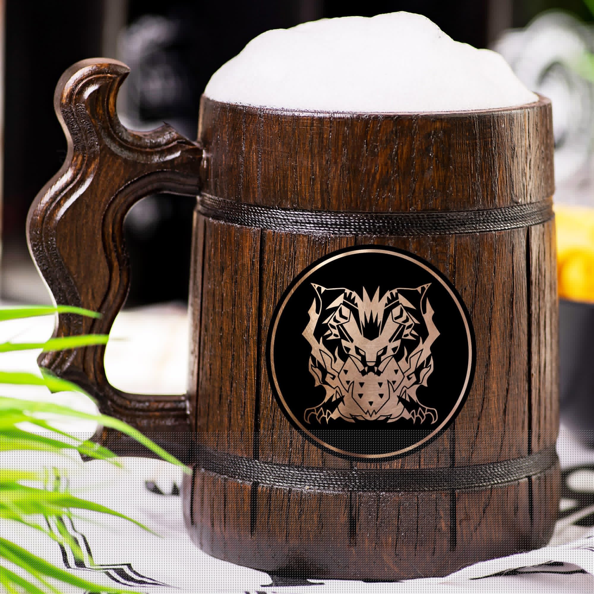 MHW World Wilds Teostra Custom Beer Mug - Personalized Wooden Tankard Stein - Unique Gamer Geek Gifts for Men, Dad, Father - Perfect for Anniversary, Birthday & Wedding Celebrations - Great for Gaming Parties, Man Cave Decor & Beer Enthusiasts