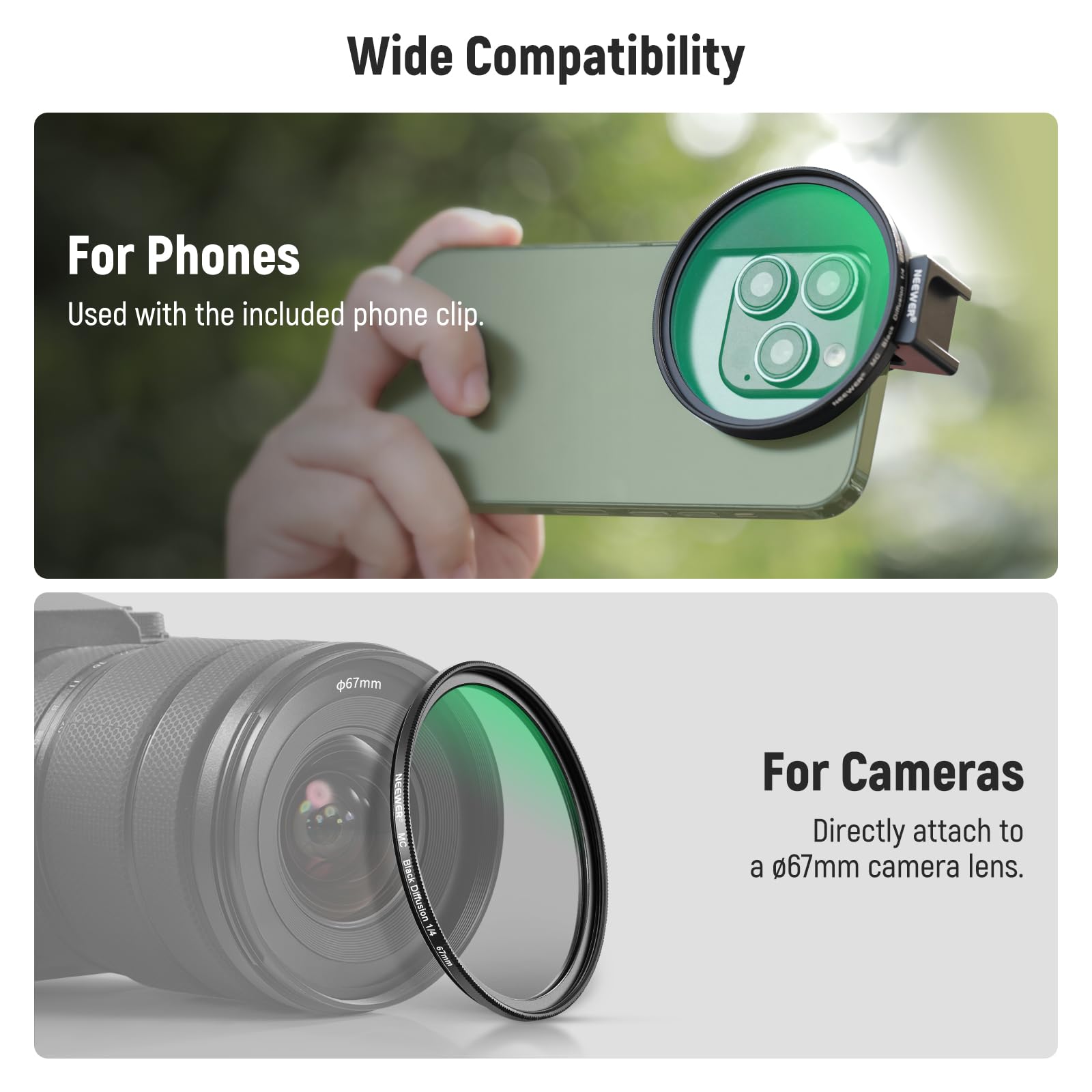NEEWER 67mm 1/4 Black Diffusion Filter & Cold Shoe Phone Mount with Carrying Pouch & Lens Cloth - Compatible with iPhone 15 Pro Max/14 Pro Max/13 Pro Max & Galaxy S24 - Perfect for Vlogging, Filmmaking & Photography