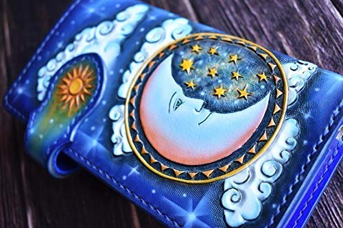 Handmade 3D Genuine Leather Biker Wallet for Men - Custom Engraved Sun Moon Galaxy Design - Personalized Long Leather Wallet for Daily Use & Gift Giving