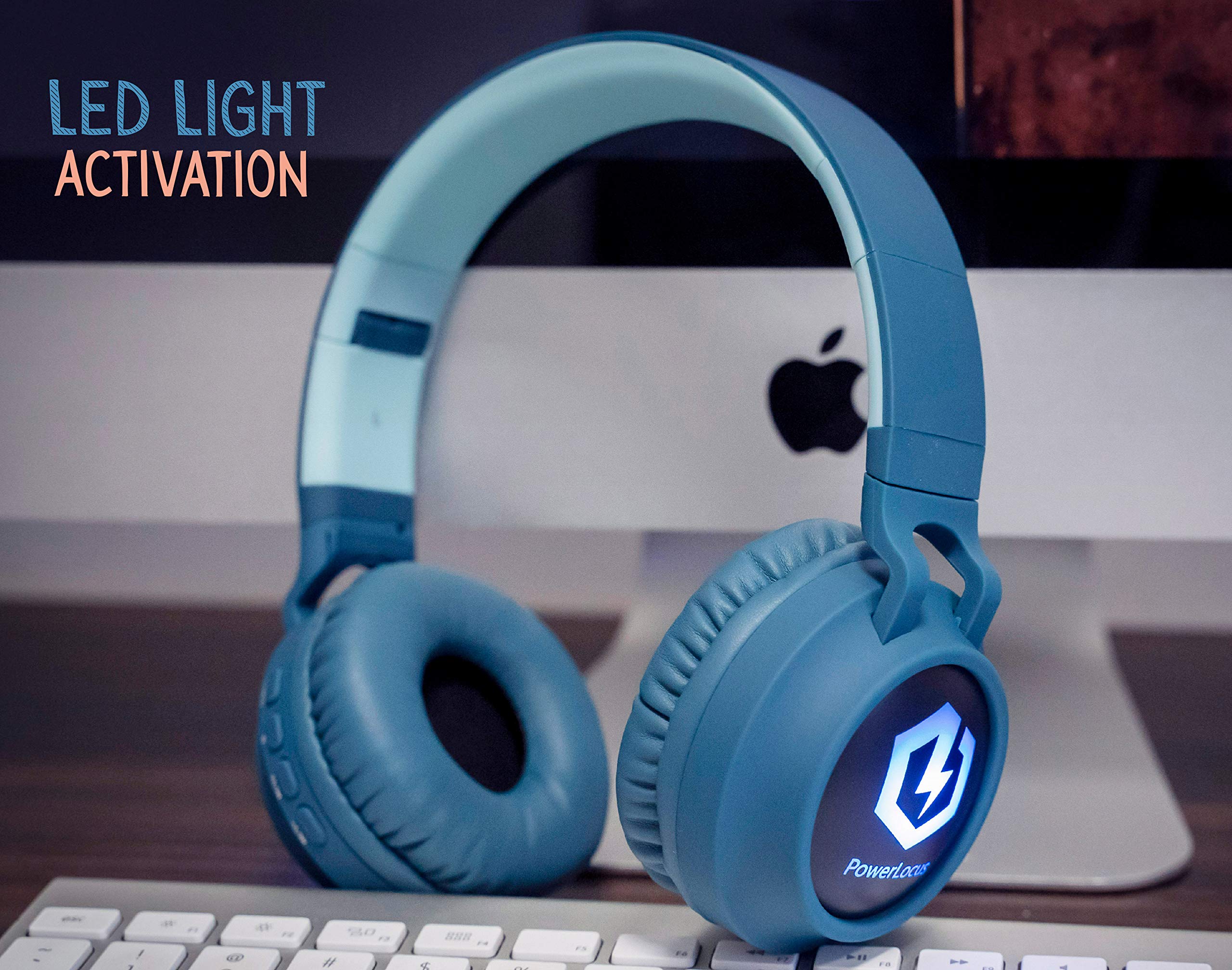 PowerLocus Kids Bluetooth Headphones with LED Lights - Wireless & Wired Foldable Headphones with Microphone, Volume Limiting Safe for Children (Blue/Grey Case) - Perfect for School, Travel & Online Learning