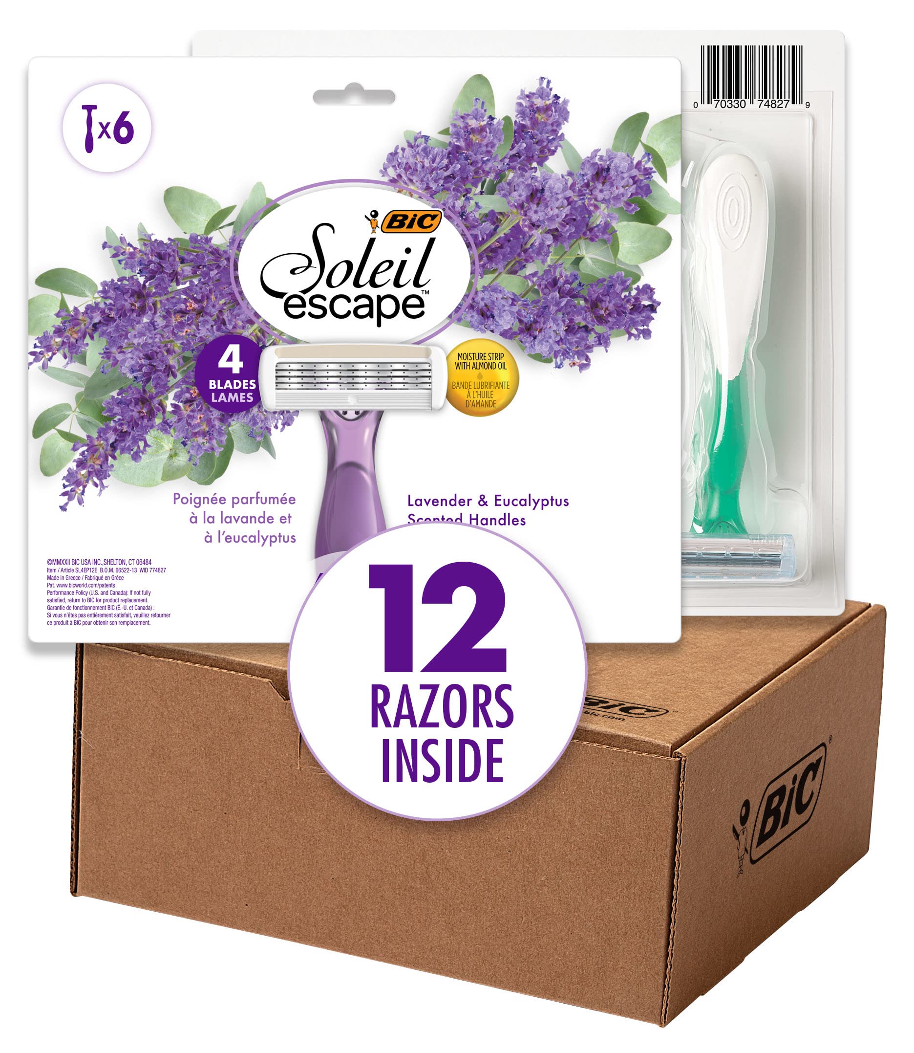 BIC Soleil Escape Women's Disposable 4-Blade Razors - 12 Pack | Lavender & Eucalyptus Scented Handles | Smooth Bikini Line Shaving | Perfect for Travel, Gym & Beach Prep