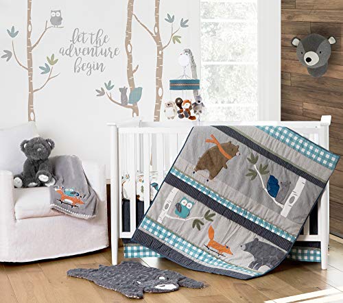 Levtex Baby Play Day 5-Piece Crib Bedding Set - Woodland Animals Theme in Teal, Grey, Orange, Brown & Green - Includes Quilt, Fitted Sheet, Diaper Stacker, Wall Decal & Dust Ruffle - Perfect for Nursery Decor & Baby Shower Gifts