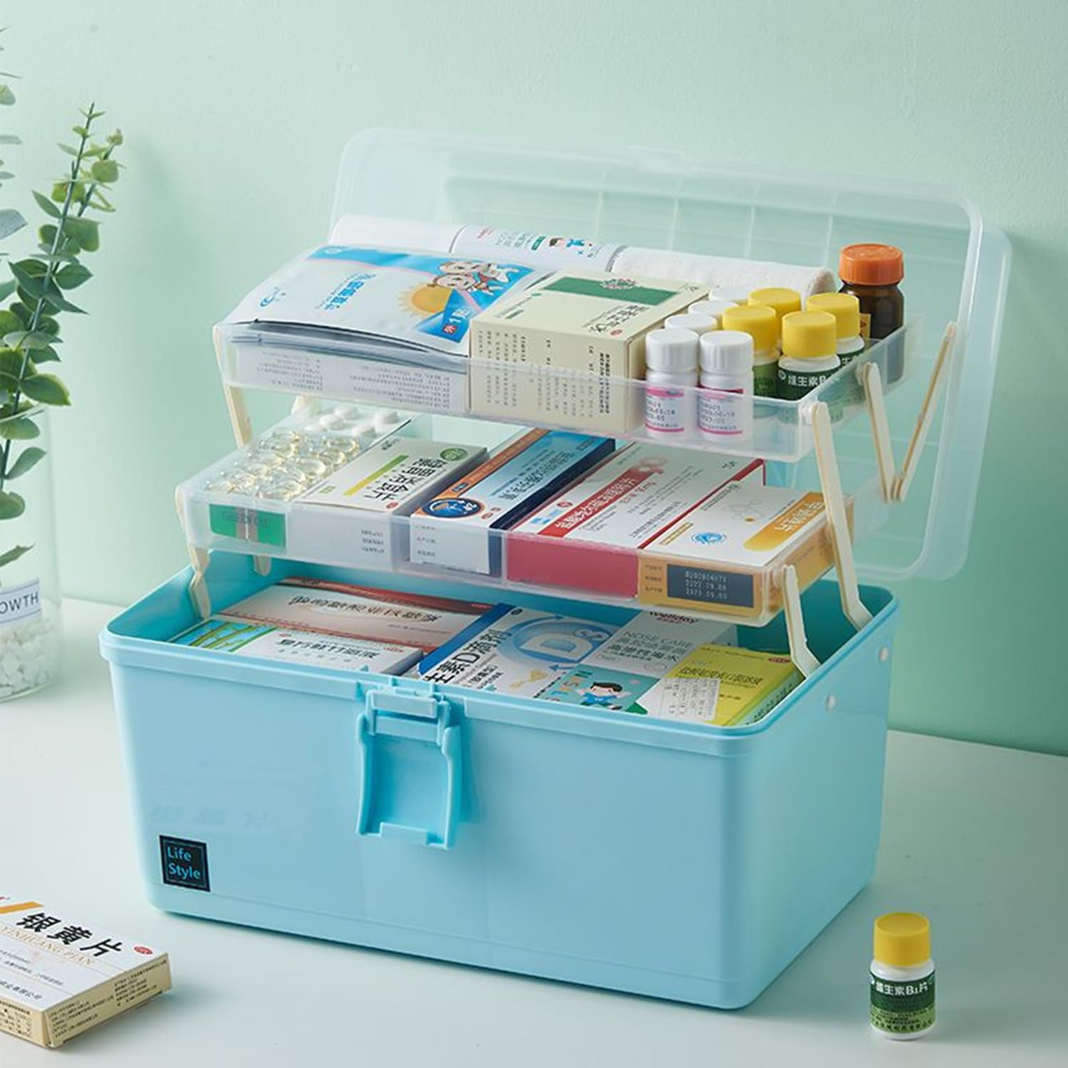 NCRGB 3-Tier Medicine Storage Box with Handle, First Aid Kit Organizer, Portable Medical Case for Home & Travel (33x18x22.5cm, Blue) – Perfect for Storing Medications, LEGO Toys, and Craft Supplies