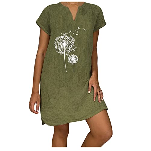 Women's Cotton Linen Summer Dress - Plus Size Short Sleeve V-Neck Feather Dandelion Print Casual Sundress (Green, XL) | Perfect for Beach Vacations, Garden Parties & Summer Outings