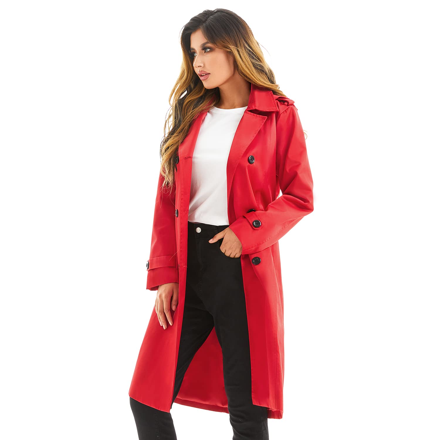 Garemcy Women's Waterproof Trench Coat - Double Breasted Long Raincoat with Detachable Hood & Belt, Classic Lapel Design for Office, Travel & Outdoor Activities