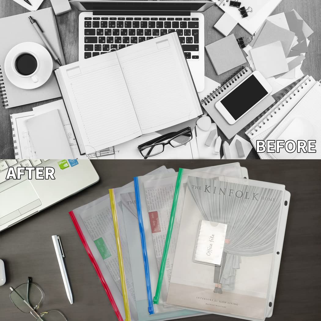 YoeeJob 8 Pack Clear 3-Hole Zipper Binder Pockets with Card Slots - Plastic Document Organizer Sheets for School, Office & Business - Perfect for Filing Papers, Receipts & Important Documents
