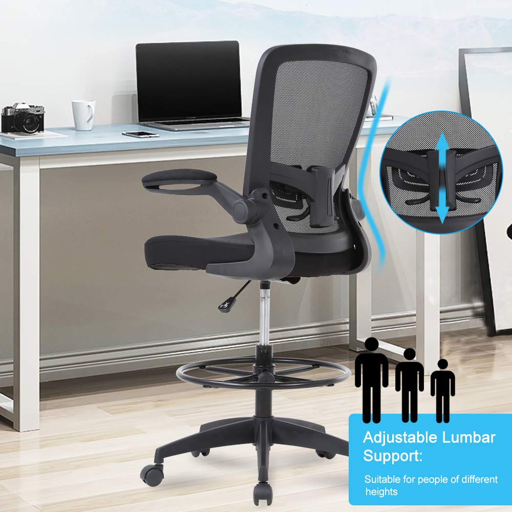 Ergonomic Drafting Chair with Lumbar Support - Adjustable Height Mesh Office Chair with Foot Ring & Swivel Base - Comfortable Computer Desk Chair for Standing Workstations, Home Office & Studio Use