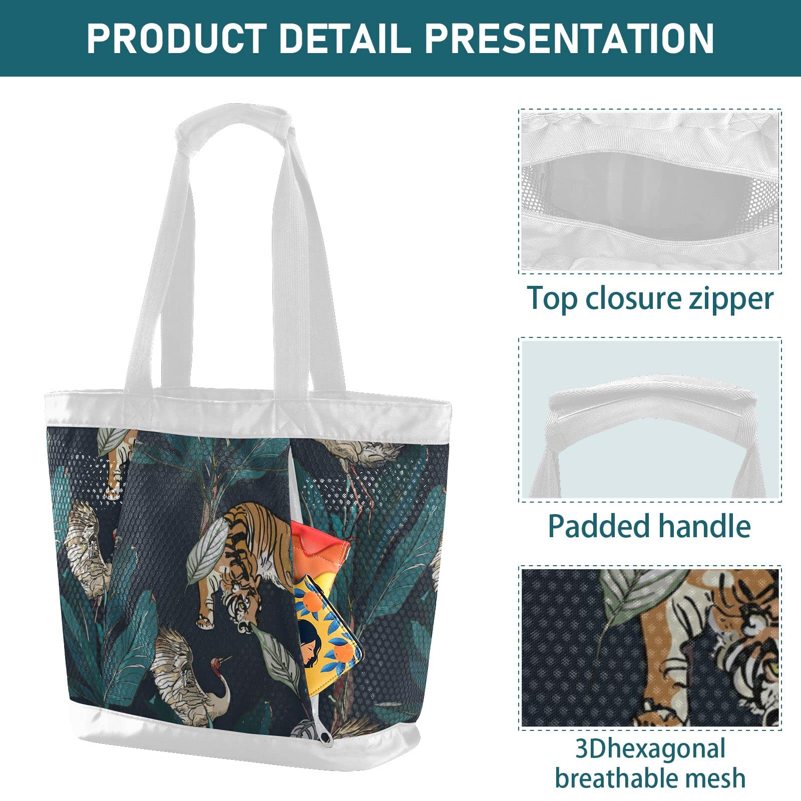 J JOYSAY Jungle Forest Exotic Mesh Beach Tote Bag - Large Waterproof Women's Beach Bag for Gym, Work, Training & Hiking - Perfect for Pool, Vacation & Outdoor Activities
