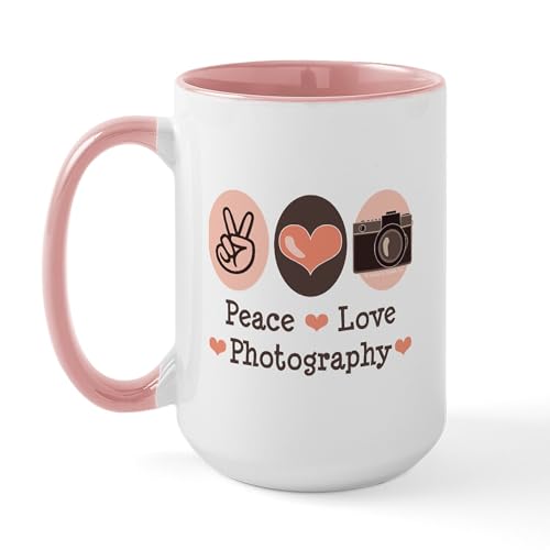 White/Pink Inside - Peace Love Photography Camera Large Mug