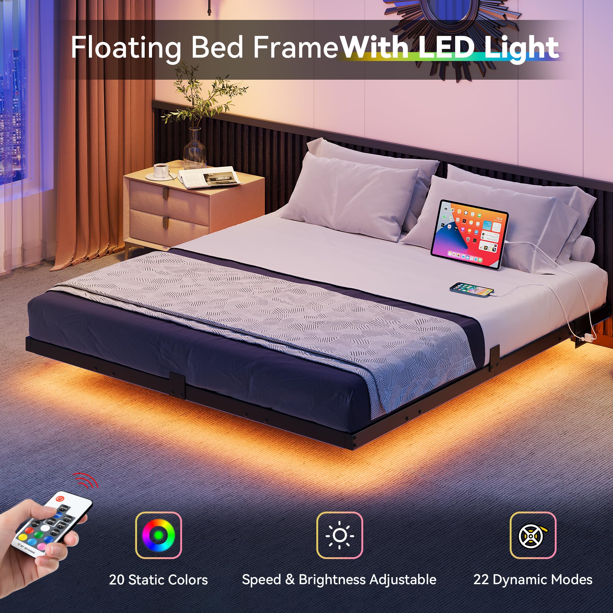 DWVO Queen Size Floating LED Bed Frame with USB Port - Heavy Duty Metal Platform Bed with Steel Slats, No Box Spring Needed - Easy Assembly, Black - Perfect for Modern Bedrooms & Smart Home Setup
