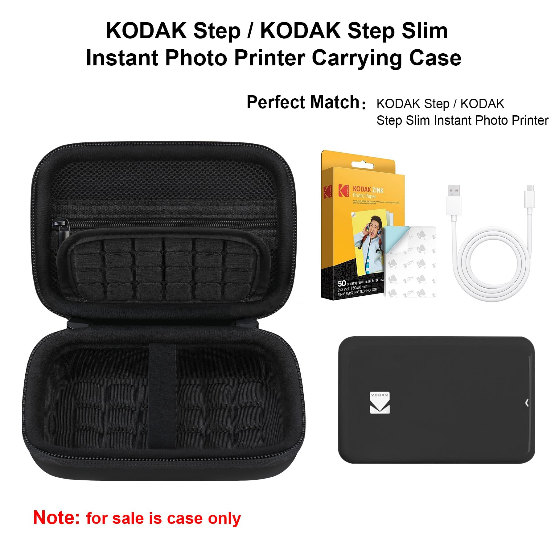 Elonbo Protective Carrying Case for Kodak Step Instant Smartphone Photo Printer - Portable Travel Storage with Mesh Pocket for Photo Paper & Cable (Black) - Perfect for Travel, Parties & On-the-Go Printing