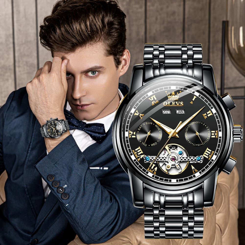 OLEVS Men's Automatic Self-Winding Tourbillon Watch - Luxury Stainless Steel Dress Watch with Luminous Hands & Waterproof Design - Perfect for Business, Formal Events & Everyday Wear