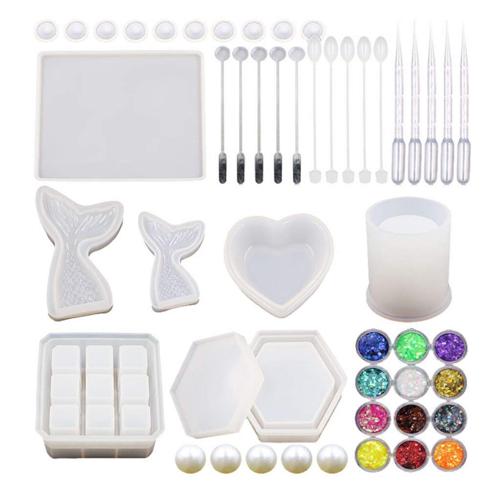 EXCEART Silicone Molds for Resin Casting - 49pcs Epoxy Craft Kit with Pen Holder, Makeup Organizer & Jewelry Box Molds (9-Slot Cylinder, Heart & Mermaid Tail Designs) - Perfect for DIY Home Decor, Gift Making & Creative Art Projects