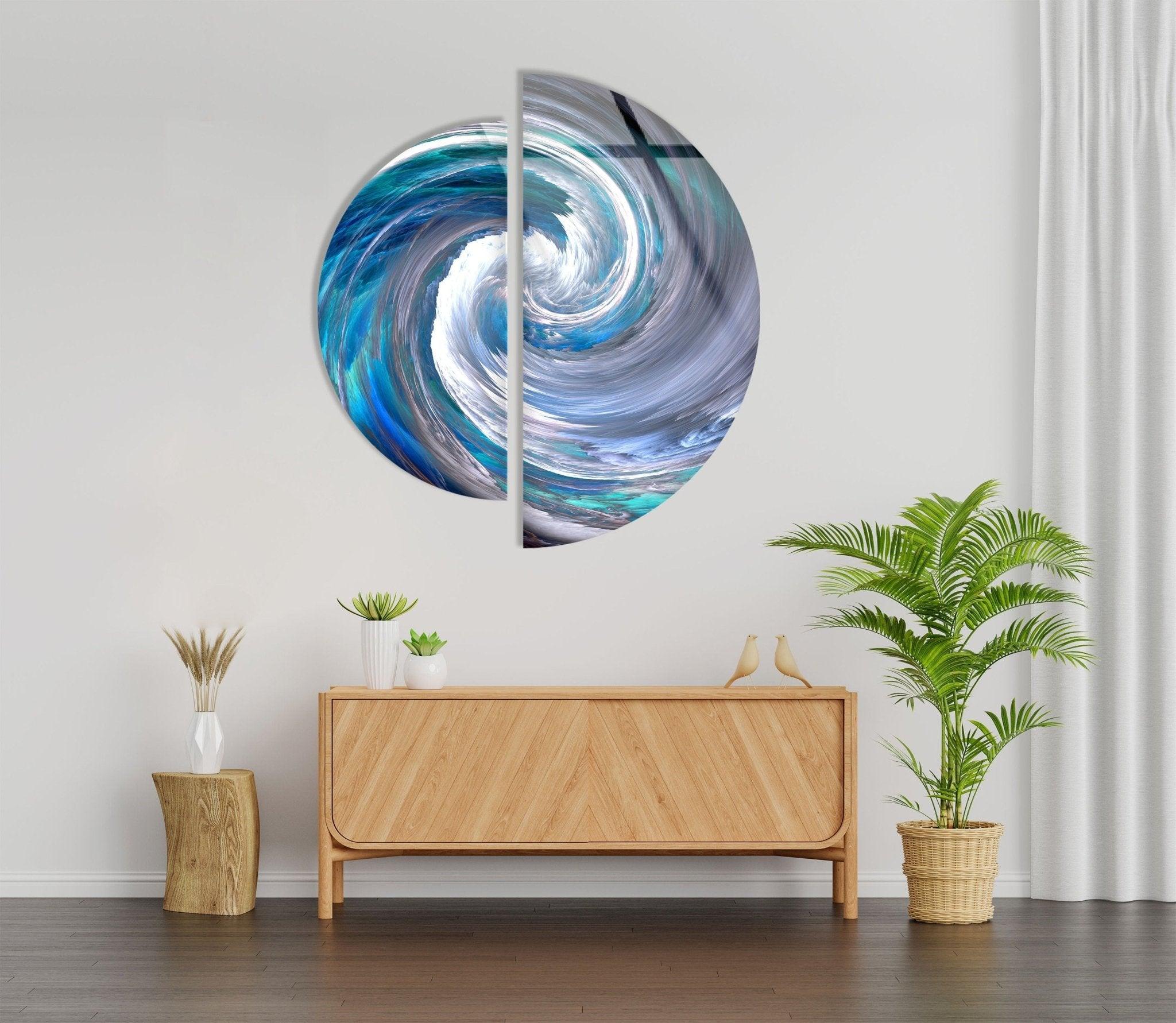 2 Piece Blue Abstract Glass Wall Art Set - Modern Home Decor for Living Room, Bedroom & Office - Handmade Glass Painting for Unique Interior Design