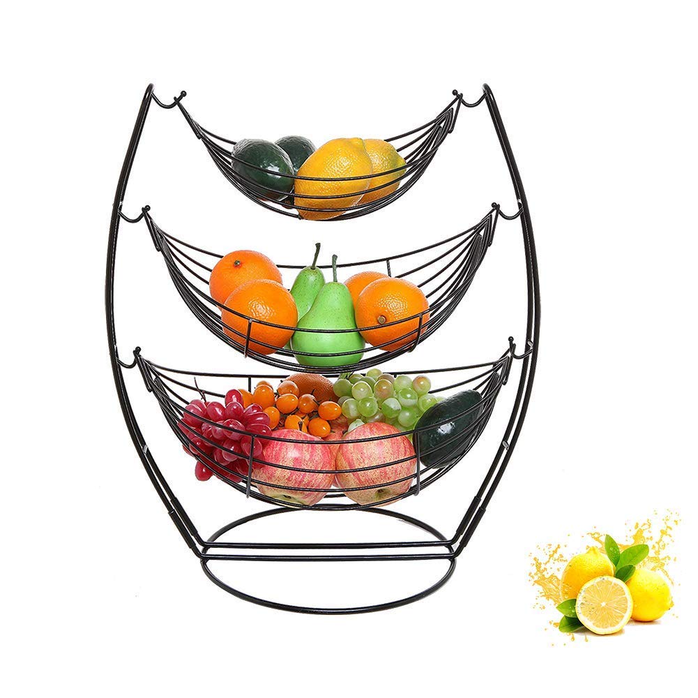 3-Tier Metal Fruit Bowl - Modern Countertop Fruit Basket with Large Capacity, Black Hammock Style Display Stand for Kitchen, Dining Room, or Office | Perfect for Organizing Fruits, Bread, and Decorative Items