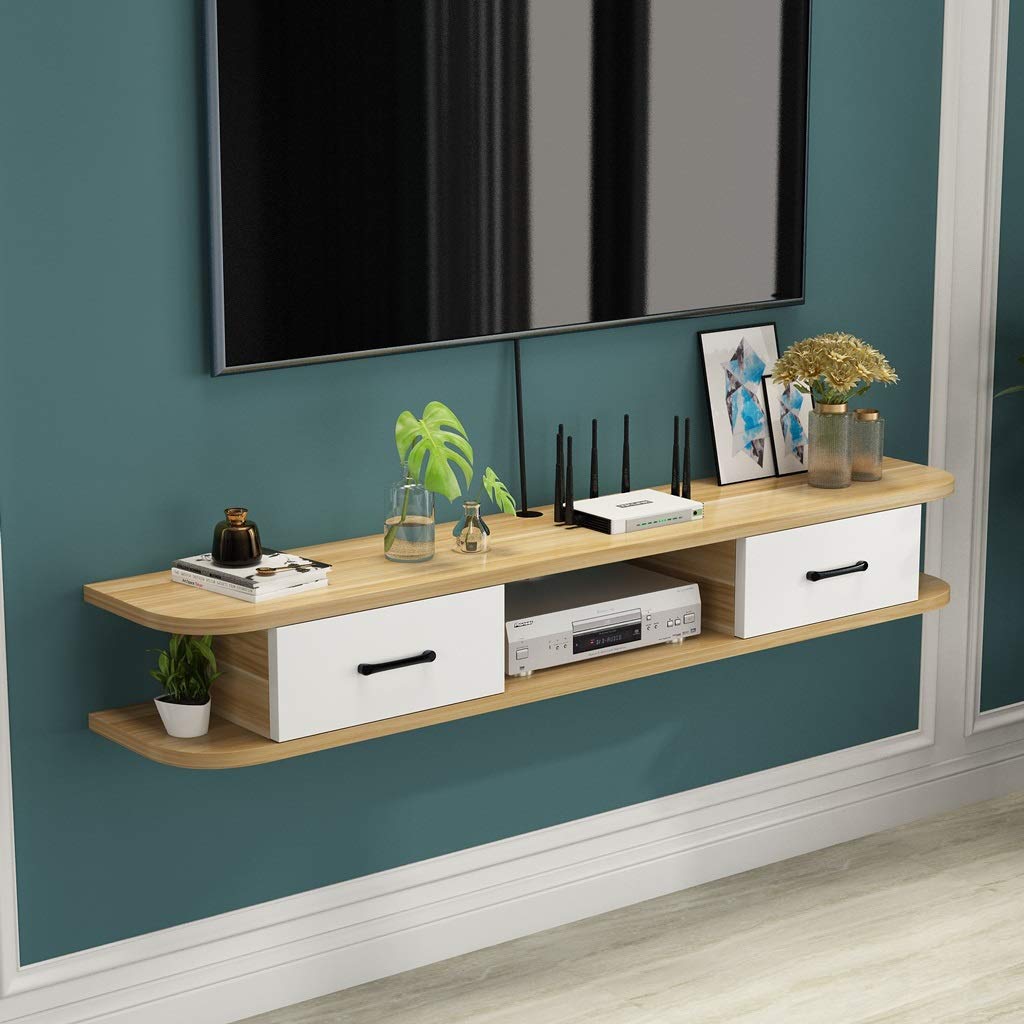 YYAI-HHJU Floating Wall Shelf Set - Wooden TV Stand for Living Room & Bedroom, Wall-Mounted Multimedia Console for TV, Router, Cable Box, Set Top Box (1.4M, Wood Color) - Perfect for Home Entertainment & Storage Organization
