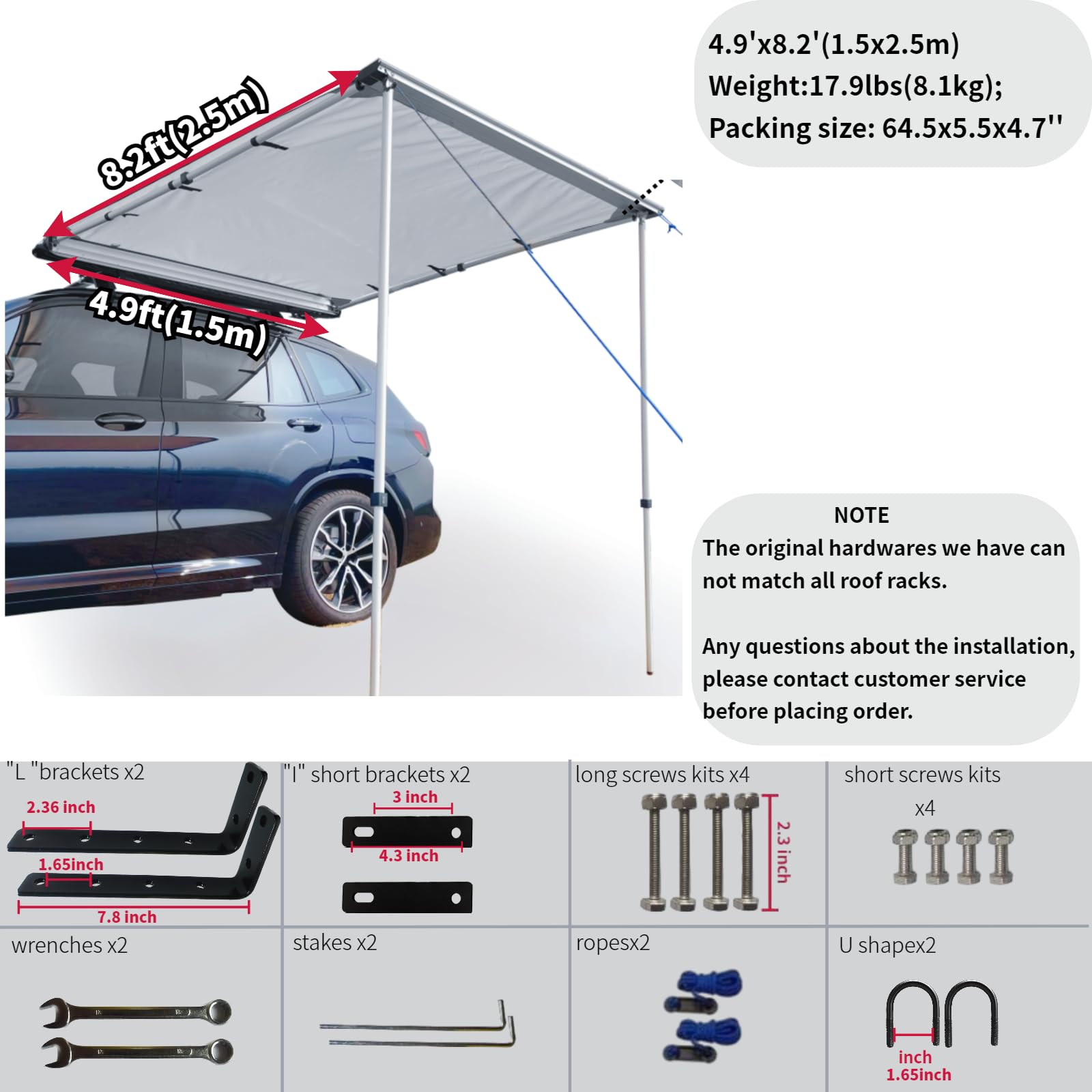 DANCHEL OUTDOOR Car Awning - Waterproof Portable SUV/Truck/Van Sun Shelter (4.9x8.2ft Gray) | Universal Roof Rack Pull-Out Shade for Overland Camping, Beach Trips & Outdoor Adventures