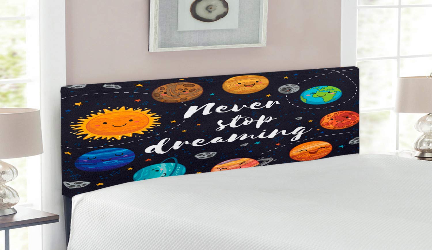 Ambesonne Queen Size Upholstered Metal Headboard with Memory Foam - Outer Space Planets, Star Cluster & Solar System Design - Decorative Bed Headboard for Modern Bedrooms | Perfect for Space-Themed Rooms & Astronomy Lovers