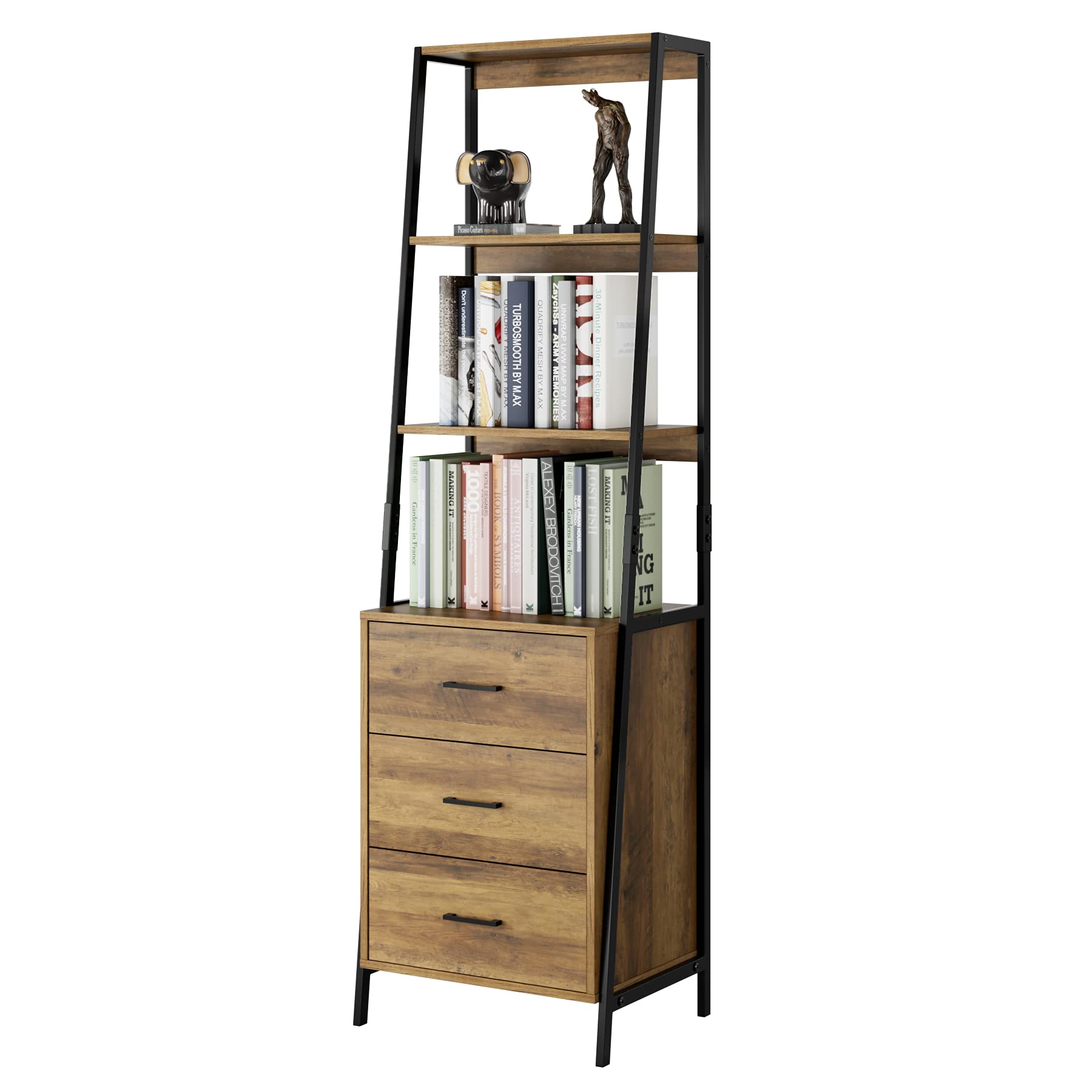 Industrial Ladder Shelf with Fabric Drawers - 3-Tier Open Storage Bookcase, Freestanding Tall Cabinet for Bedroom, Living Room & Office - Rustic Brown Finish | Perfect for Home Organization, Displaying Books & Decor