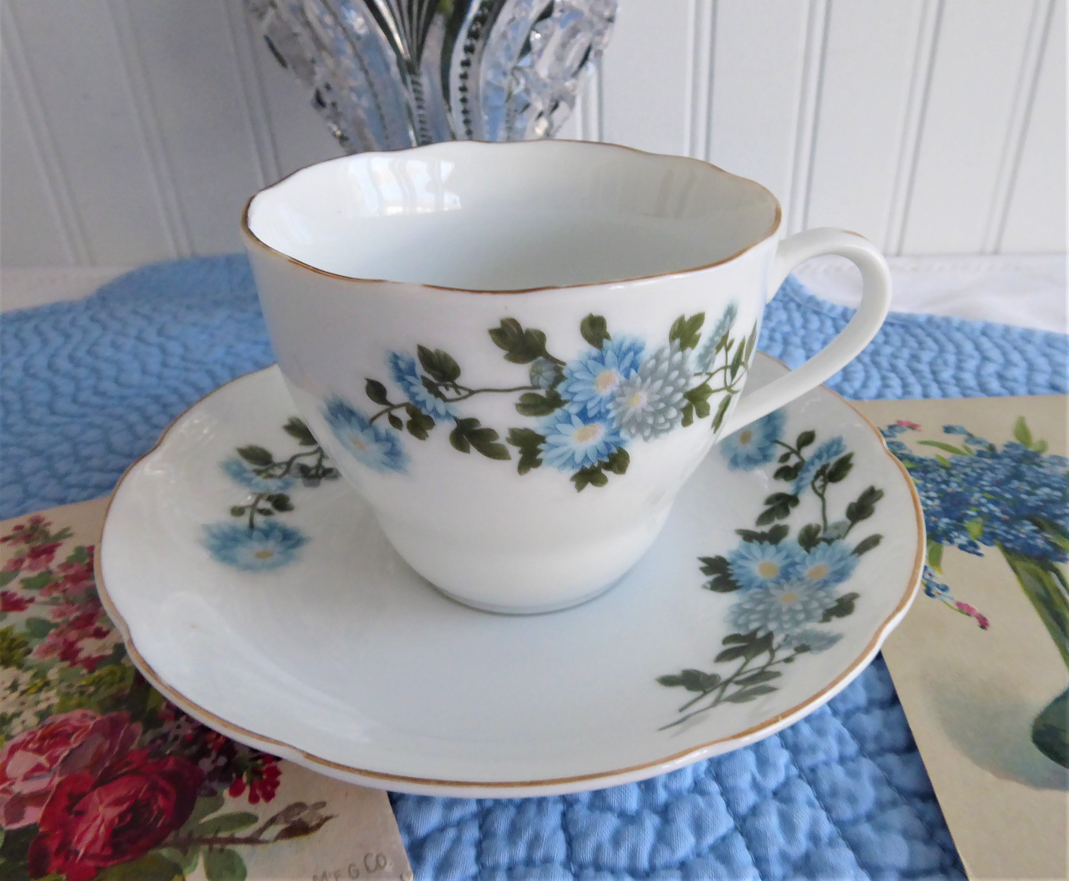 Vintage 1950s Blue Chrysanthemum Porcelain Tea Cup and Saucer Set with Gold Trim - Elegant Floral China for Afternoon Tea, Bridal Shower, and Collectible Display