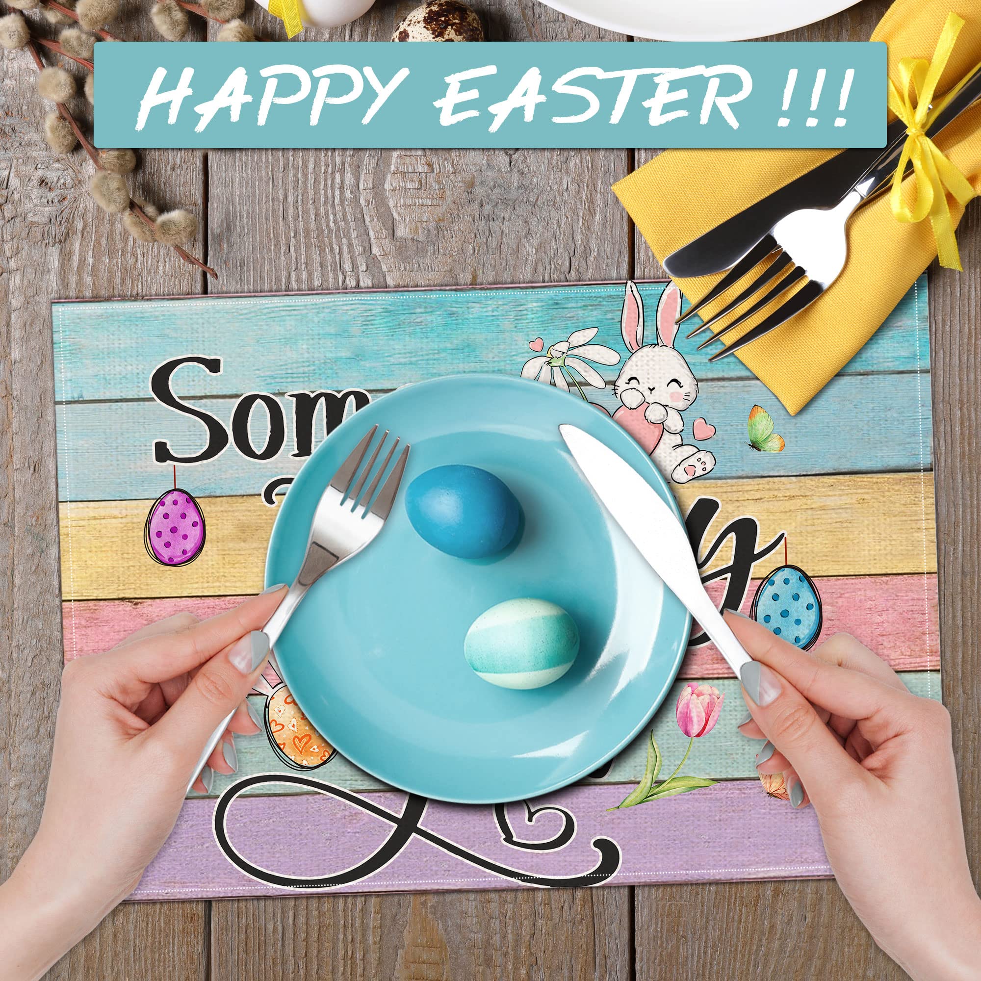 Easter Bunny Placemats Set of 6 - 12x18 Inch Rabbit Pattern Table Mats for Dining - Waterproof Easter Table Decor for Spring Parties, Holiday Dinner & Home Decoration