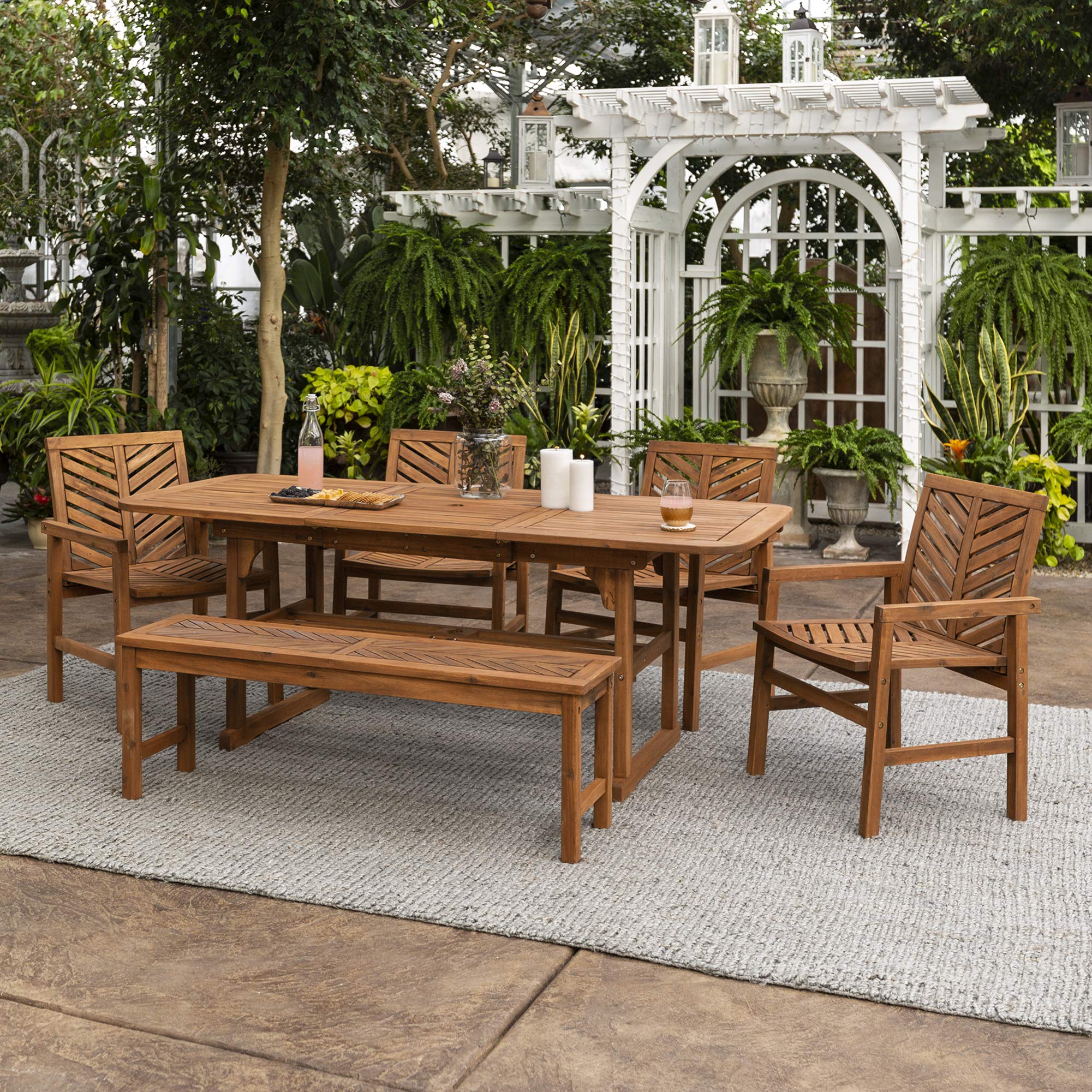 Walker Edison 7-Piece Outdoor Wood Chevron Patio Dining Set - Extendable Table, 4 Chairs & Bench - All-Weather Brown Furniture for Backyard, Garden, Poolside, Balcony - Perfect for Outdoor Entertaining & Family Gatherings