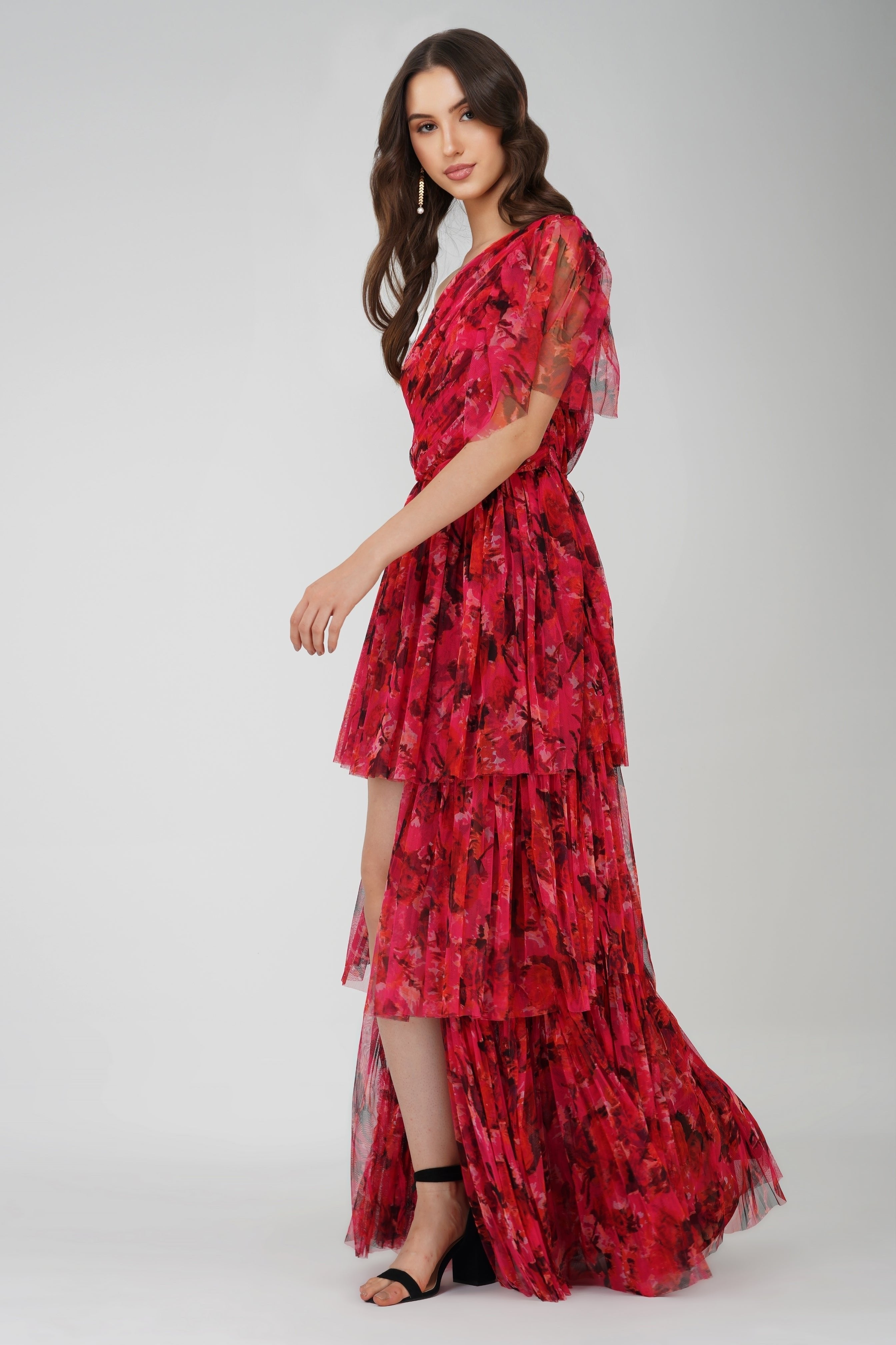 Rowena Red & Pink Printed One Shoulder Maxi Dress for Women - Elegant Summer Beach Party & Evening Cocktail Dress