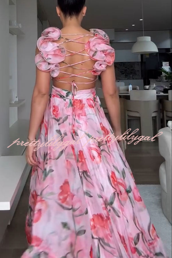 Whimsy Grace Tulle Floral Ruffle Detail Back Lace Up Pleated Maxi Dress - Elegant Wedding Guest & Special Occasion Formal Gown for Women