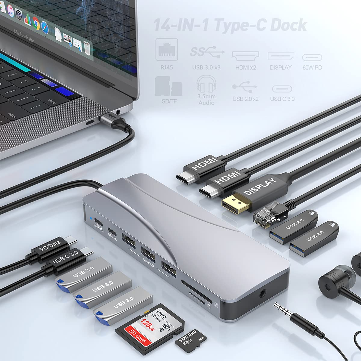 14-in-1 USB C Docking Station with Quadruple Display (2x HDMI + DP) - 4K Dual HDMI, DisplayPort, PD 3.0, USB-C, Ethernet, Audio, SD/TF Card Reader, 5 USB Ports - Compatible with MacBook Pro/Air, Windows Laptops - Perfect for Home Office, Gaming & Multi-Screen Productivity