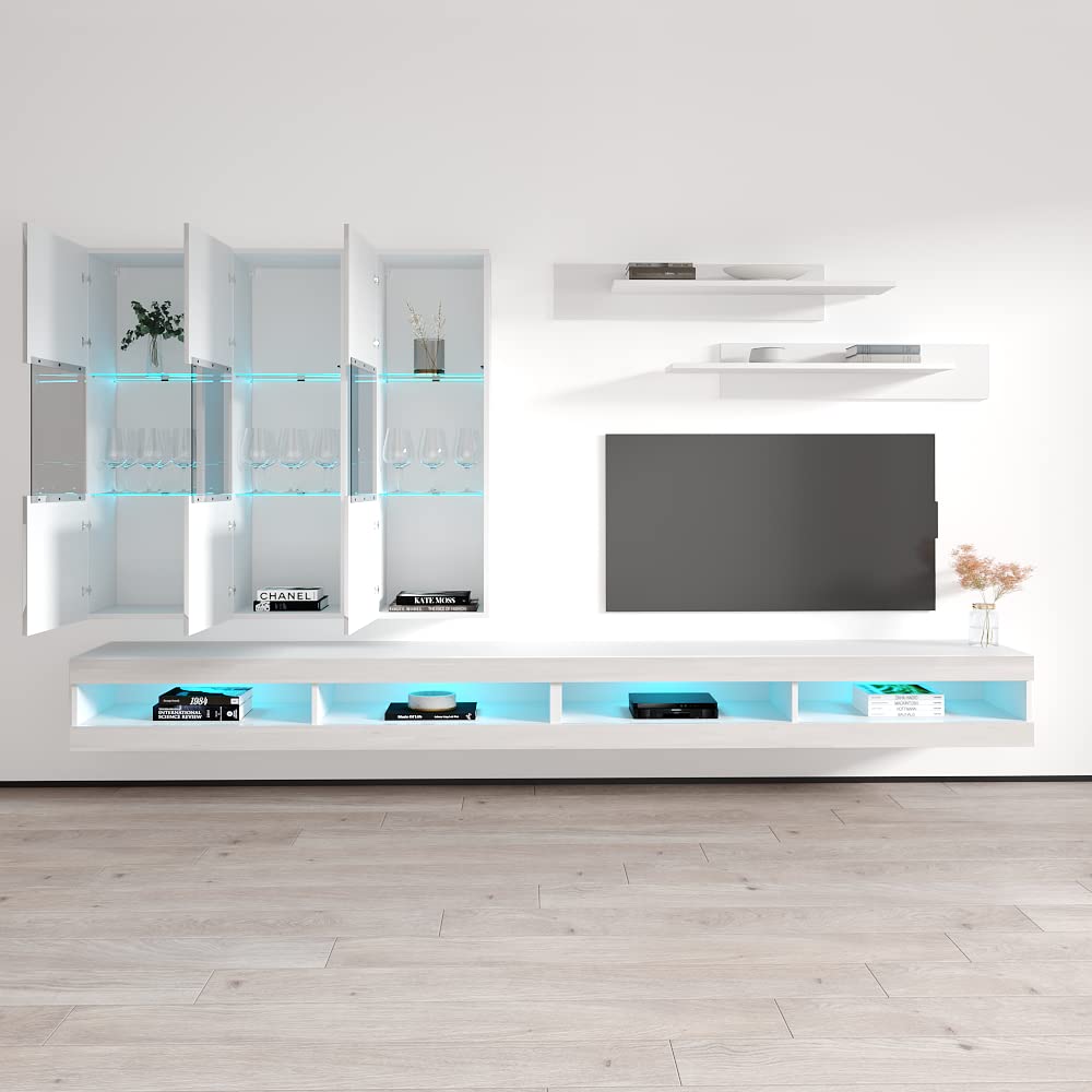 Modern Floating TV Stand with Storage & LED Lights - Wall-Mounted Entertainment Center for Bedroom & Living Room - White TV Console with Shelves - Perfect for Small Spaces & Home Theater Setup