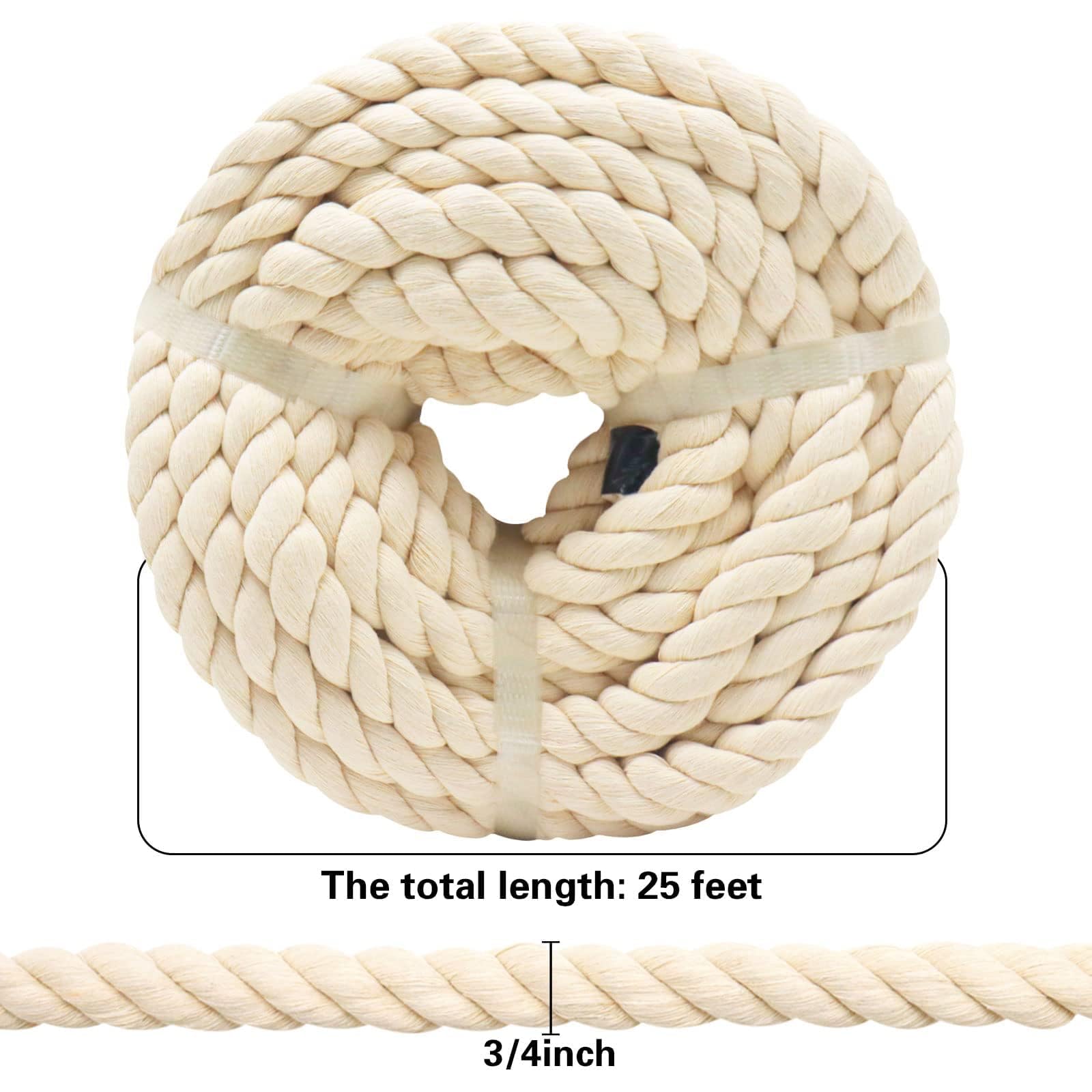 3/4 Inch x 25 Feet Natural Cotton Rope - Strong Twisted Cotton Cord for DIY Crafts, Basket Making, Home Decor & Macrame Projects | Perfect for Wall Hangings, Plant Hangers & Decorative Knotting
