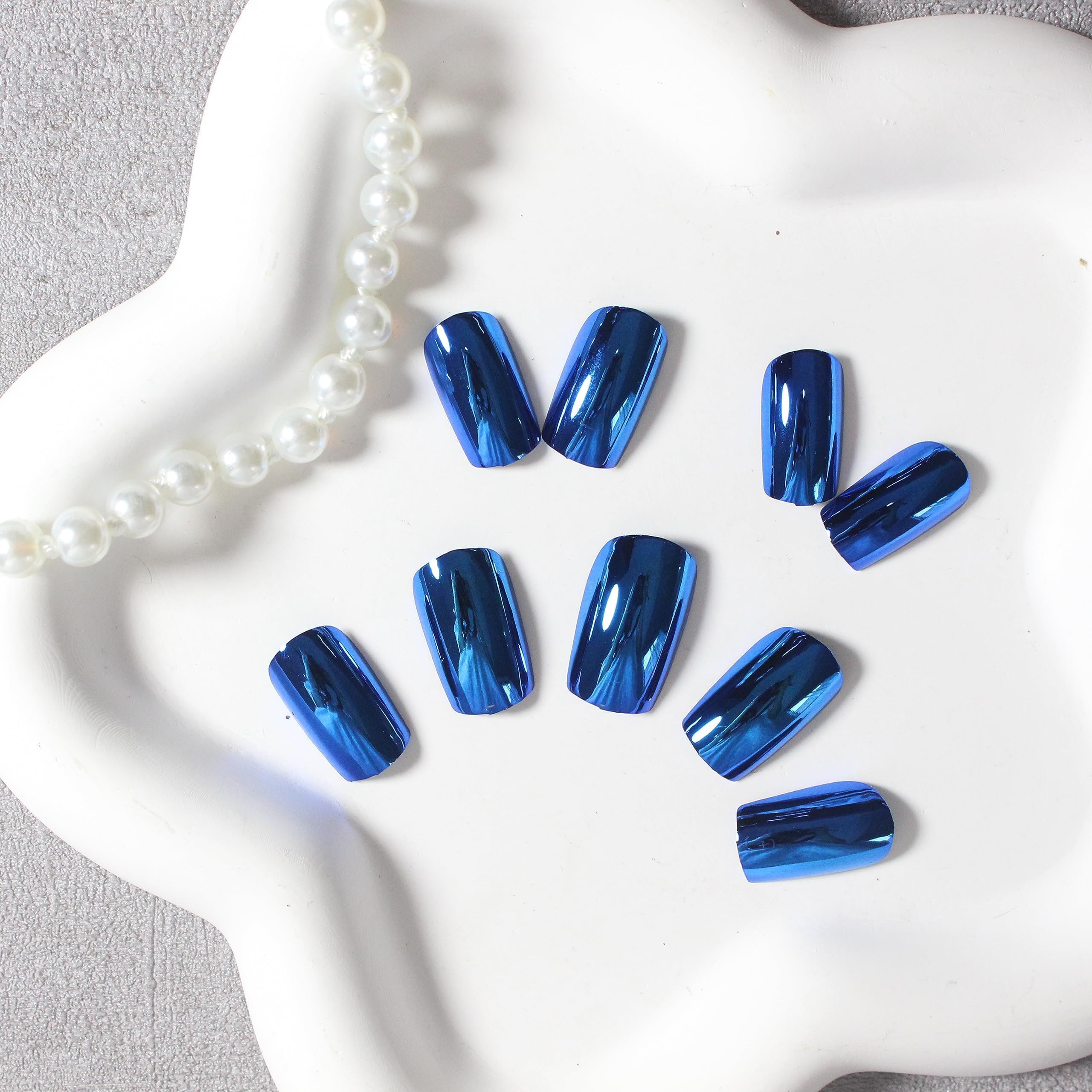 Royal Blue Chrome Press On Nails - Short Medium Square Metallic Fake Nails with Glitter | 24PCS Mirror Acrylic False Nails for Women | Perfect for Parties, Weddings & Everyday Glam