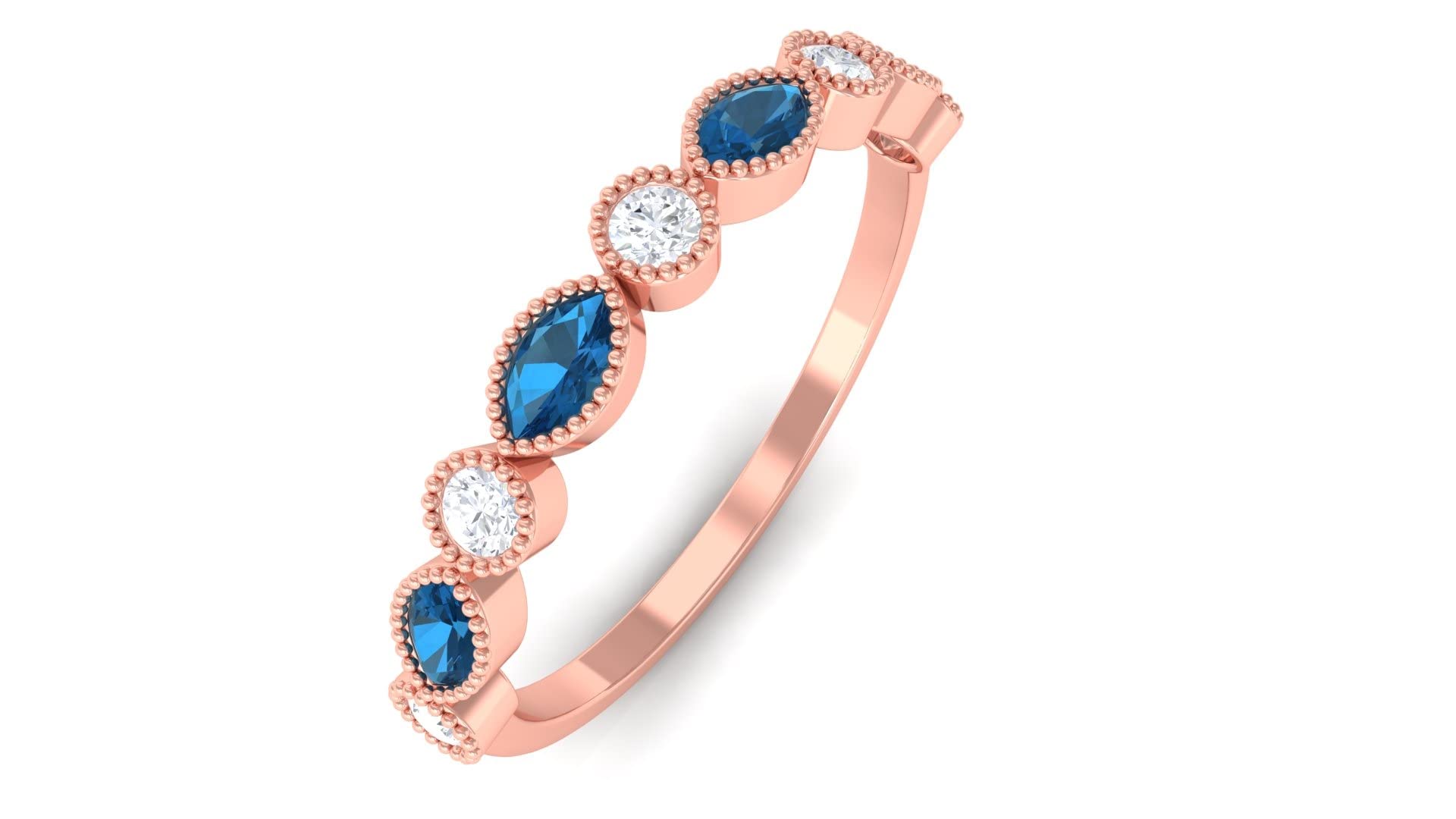 3/4 CT London Blue Topaz & Diamond Ring - 14K Solid Gold Women's Half Eternity Band, Elegant Semi Eternity Wedding Ring for Anniversary, Engagement & Special Occasions