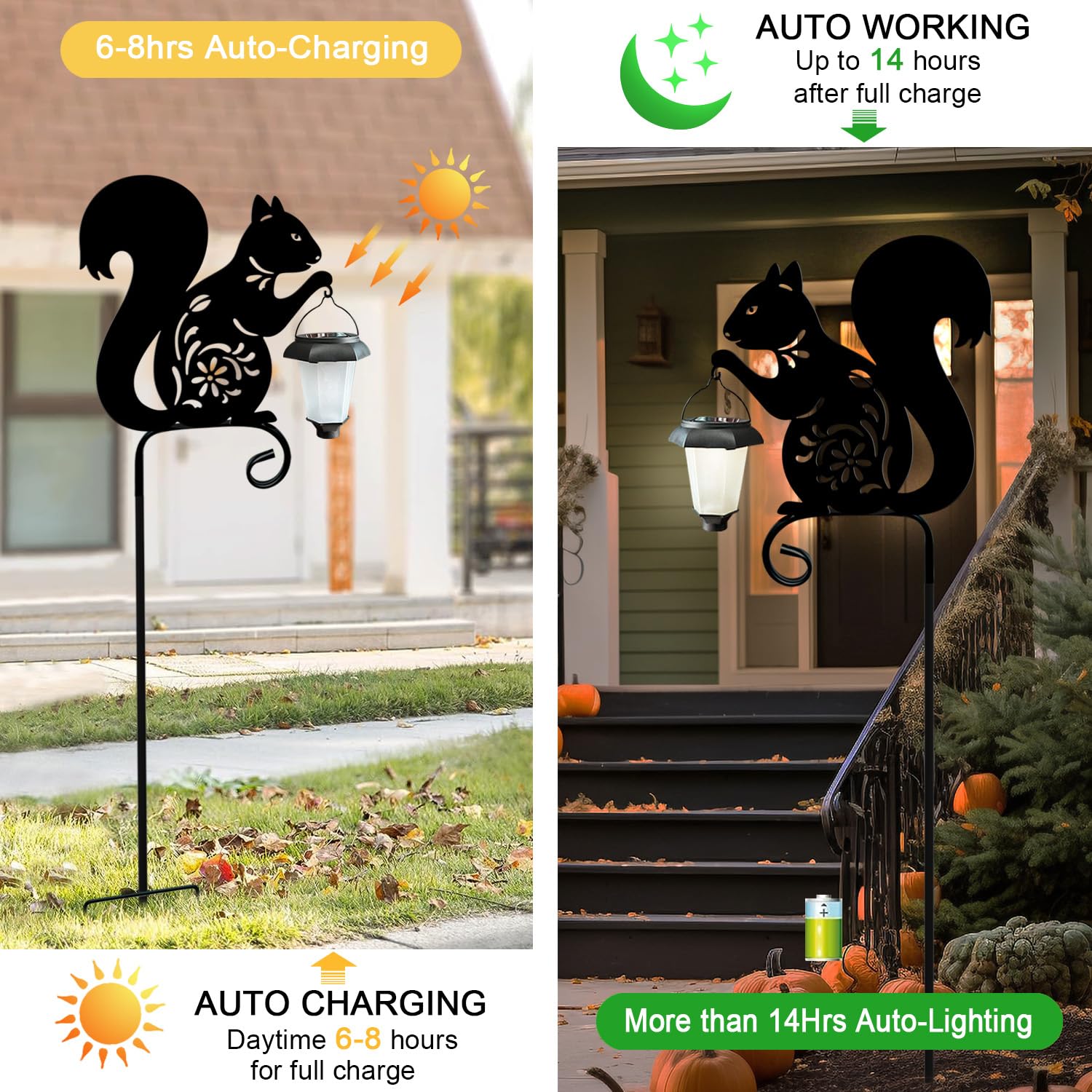 Metal Squirrel Garden Stake - Hokfirm Solar Powered Outdoor Lights with Lantern, Waterproof Pathway & Garden Decor (Black Squirrel) - Perfect for Lawn, Yard, Patio & Landscape Lighting