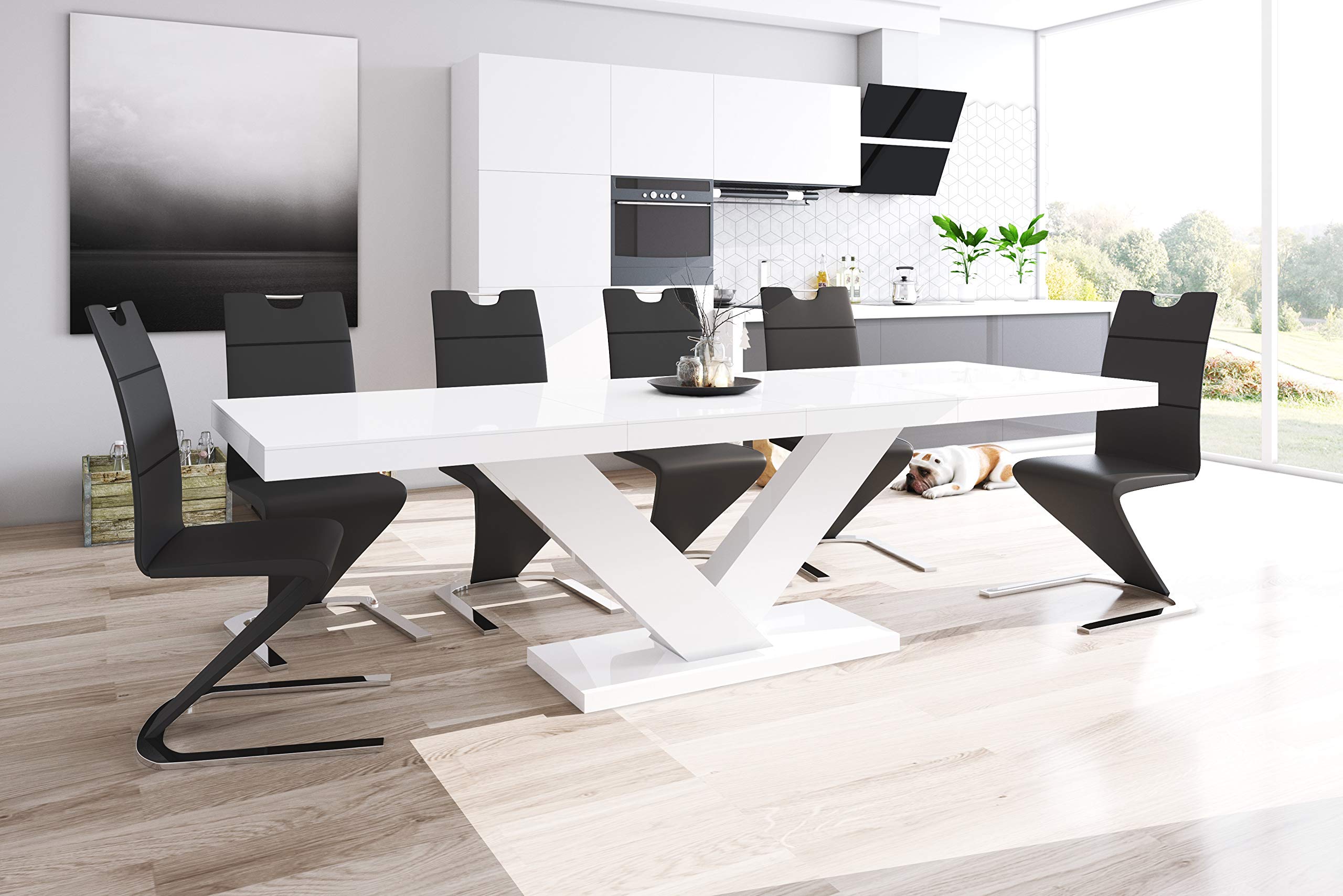 Victoria White Modern Glossy Extendable Dining Table with 2 Leaves - Seats Up to 10 People - European Crafted Solid Wood Furniture for Dining Room, Kitchen, and Entertaining Guests