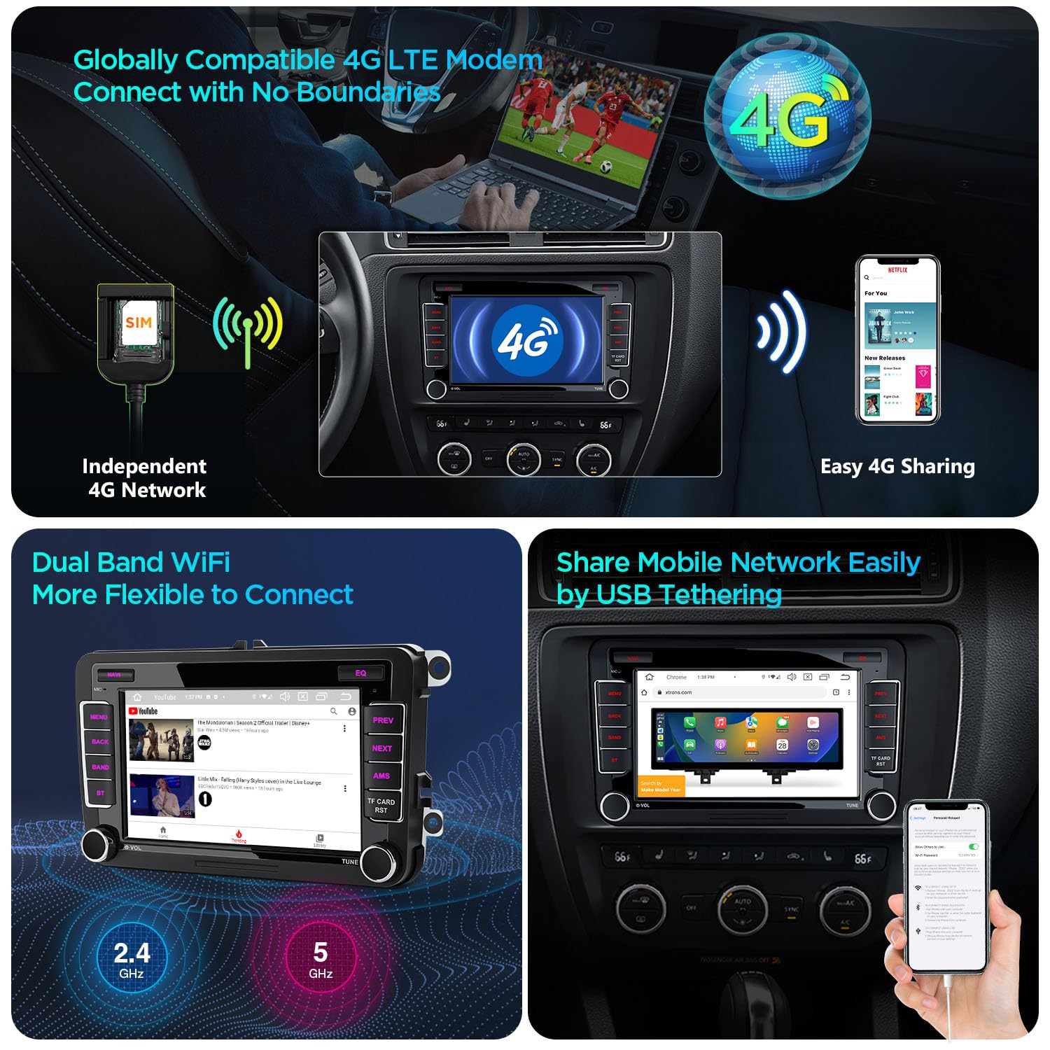 XTRONS 7 Inch Android Car Stereo with Bluetooth, 4G DSP WiFi, CarPlay & Android Auto, Octa-Core 4GB+64GB, GPS Navigation for VW Caddy Golf Jetta Passat Polo Skoda Seat - Perfect for Road Trips & Daily Commuting